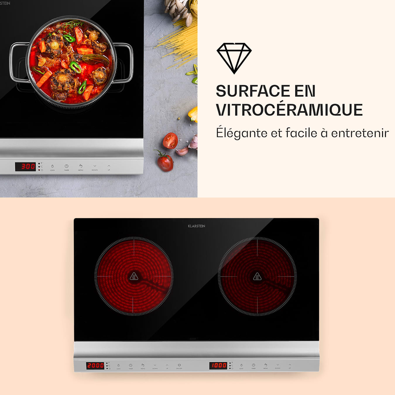 MisterCook Duo Plaque de cuisson infrarouge, 2 zones de cuisson, 3000W, 10 réglages de puissance et de température, 90-650 °C, Minuterie jusqu'à  3 heures, Panneau de commande tactile