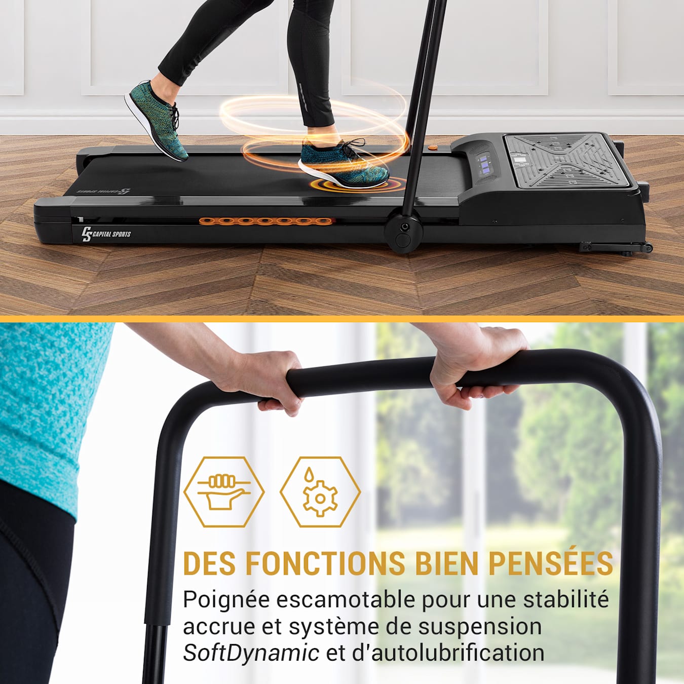 Capital Sports Workspace Fusion Tapis de course 1-12km/h & plaque vibrante  Bluetooth - Noir