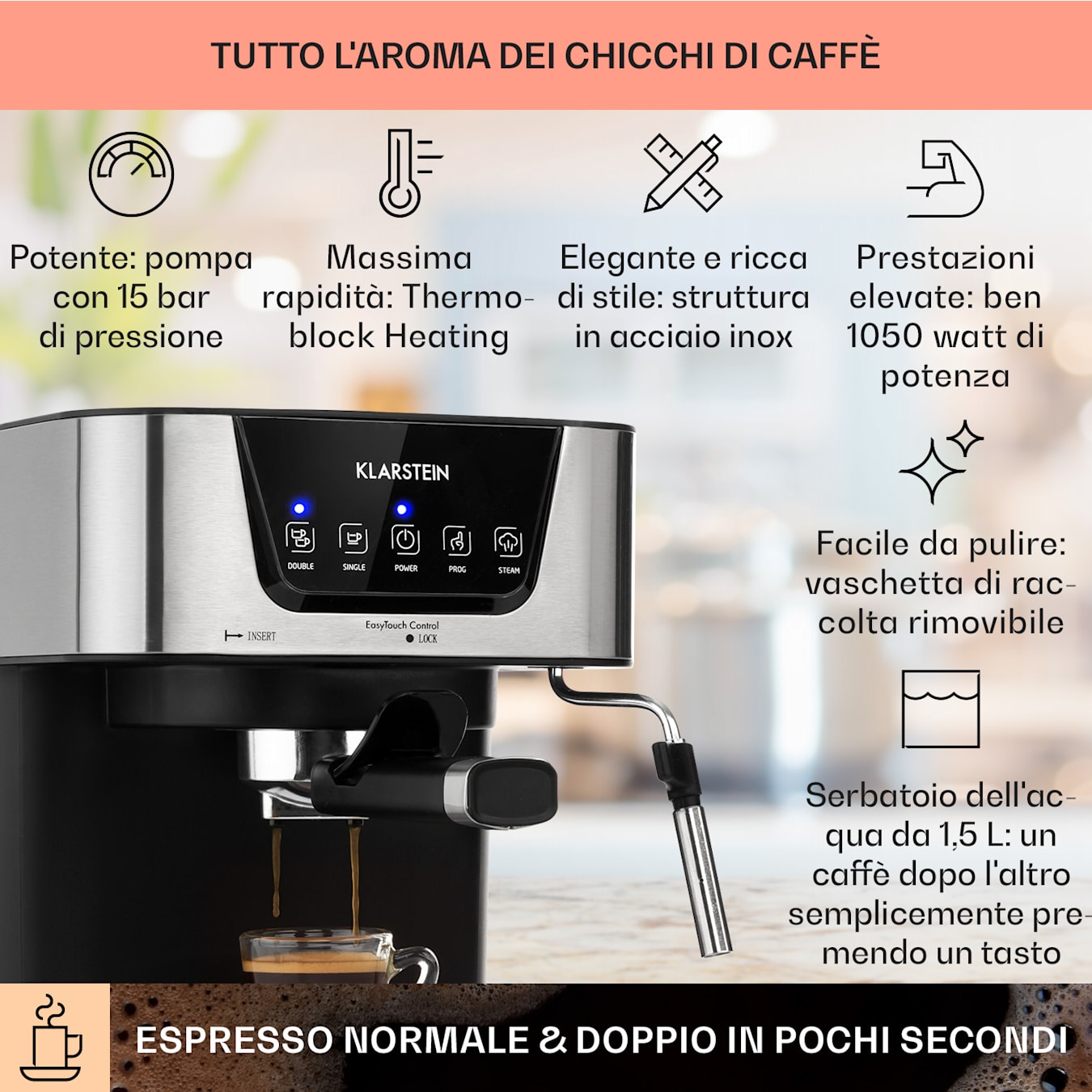 Arabica, Macchina per Caffè Espresso, 15 Bar, 1,5 L, Touch, Acciaio Inox,  1050 W Argento