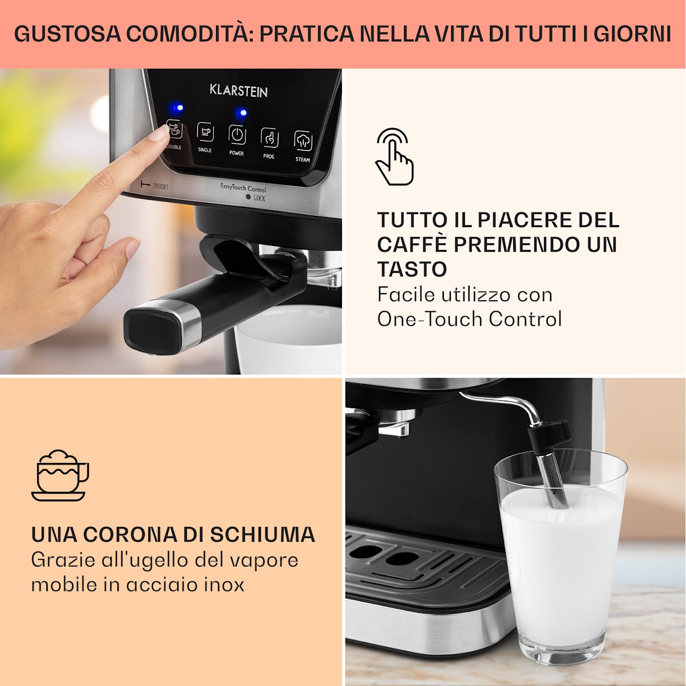 ECO-DE Macchina da caffé Espresso Forte Touch, 20 Bar, Touch control,  Struttura in acciaio INOX, Lancia a vapore per Cappuccino, 1.6 litri,  Espresso, 1050 Watt compatibile : : Casa e cucina