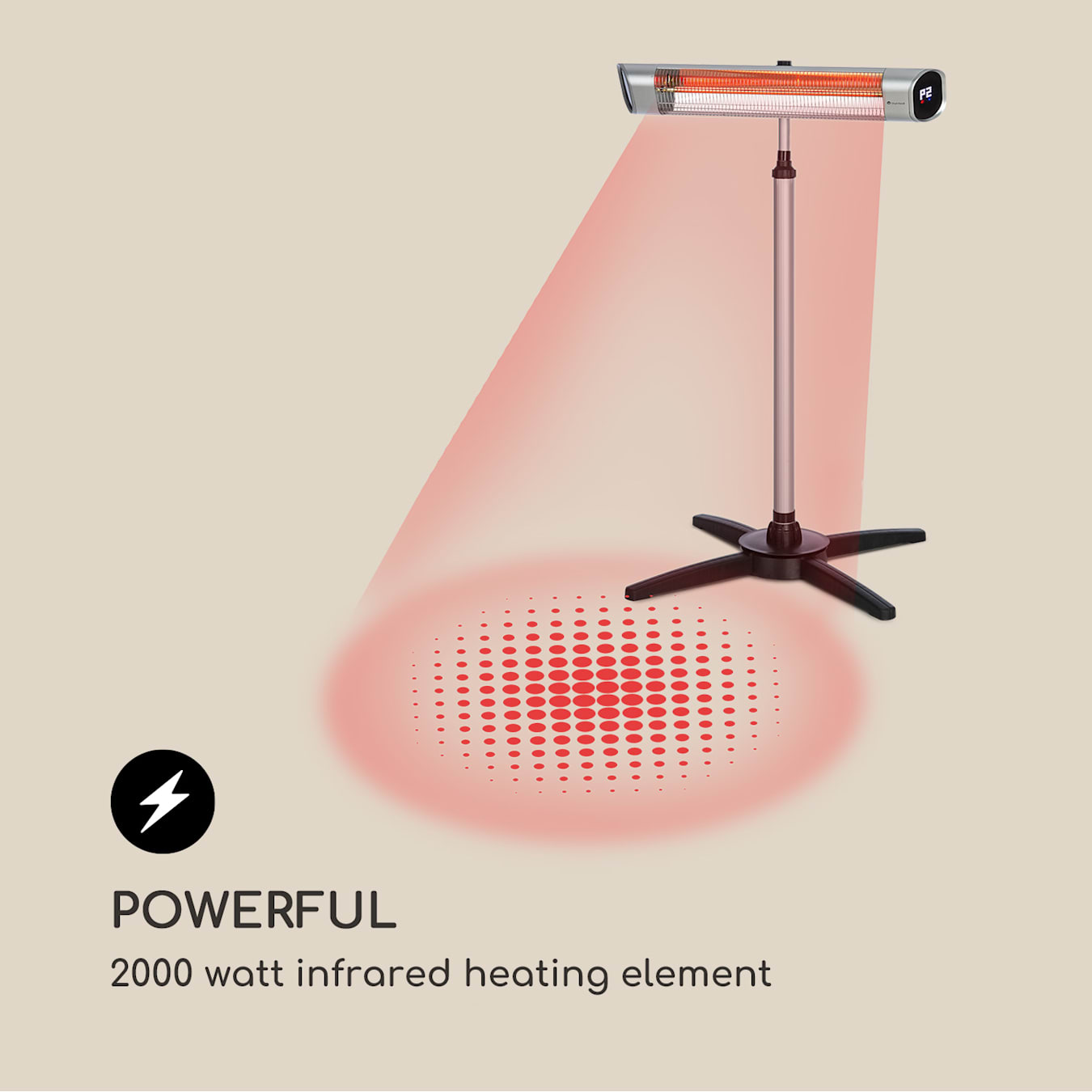 Dark Wave Stand Infrared Radiant Heater | Power: 2000 W | MinimalGlare  Heating Tube: gold-coated carbon tube | 9 heat settings | 24 h timer | IP65  | Touch control panel u0026 LED display | Height-adjustab Silver