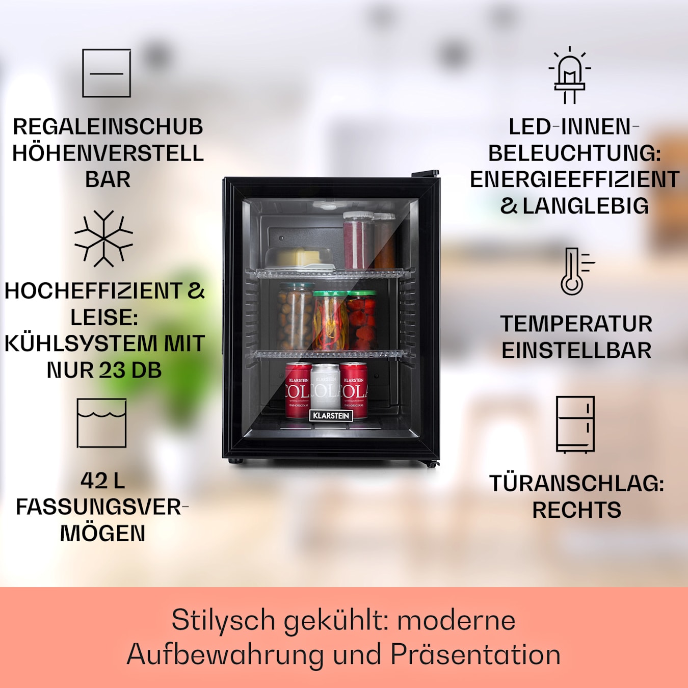 Brooklyn 42 Minibar Mini-Kühlschrank, kompakt, freistehend, Thermoelektrisches Kühlsystem, 42 Liter Fassungsvermögen, Kühlung: 12 -  18 °C, Auto DeFrost, Energieeffizienzklasse: F, 23 dB, LED- 42 Ltr