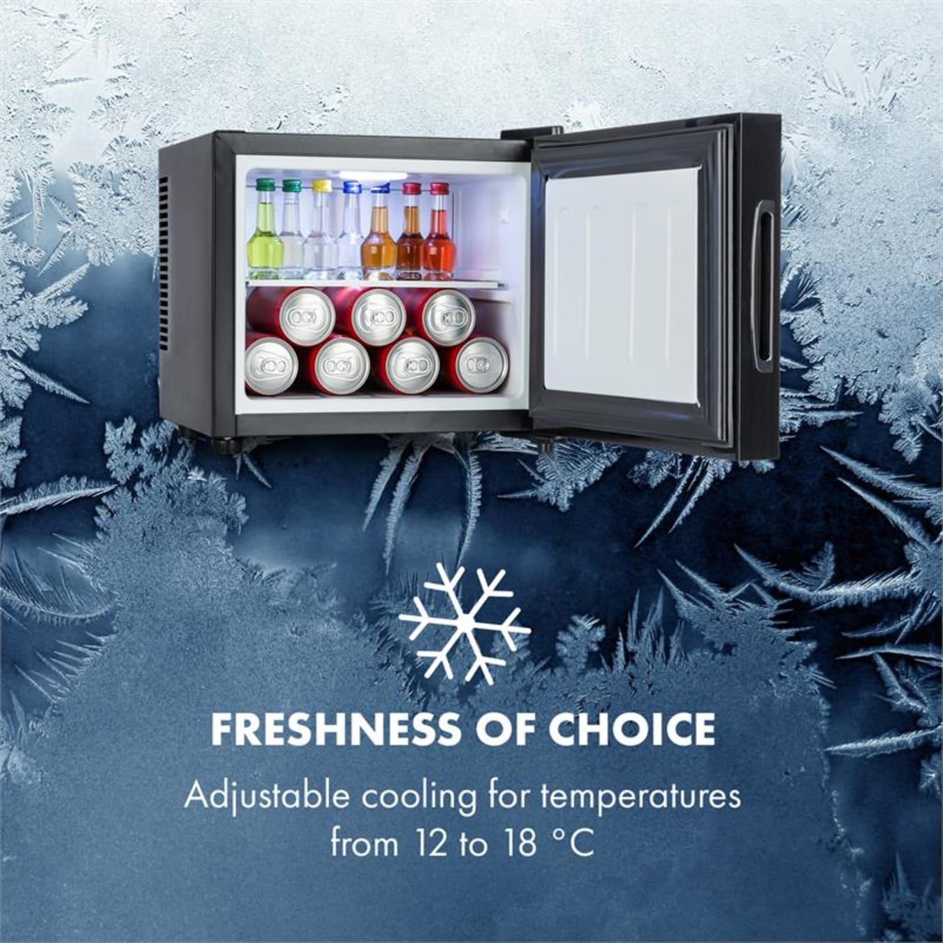 Frosty Minibar Mini-Kühlschrank, freistehend, Thermoelektrisches  Kühlsystem, 10 Liter Fassungsvermögen, Kühlung: 12 - 18 °C, Energieeffizienzklasse A, 33 dB, Innenraum: weiß, LED-Licht