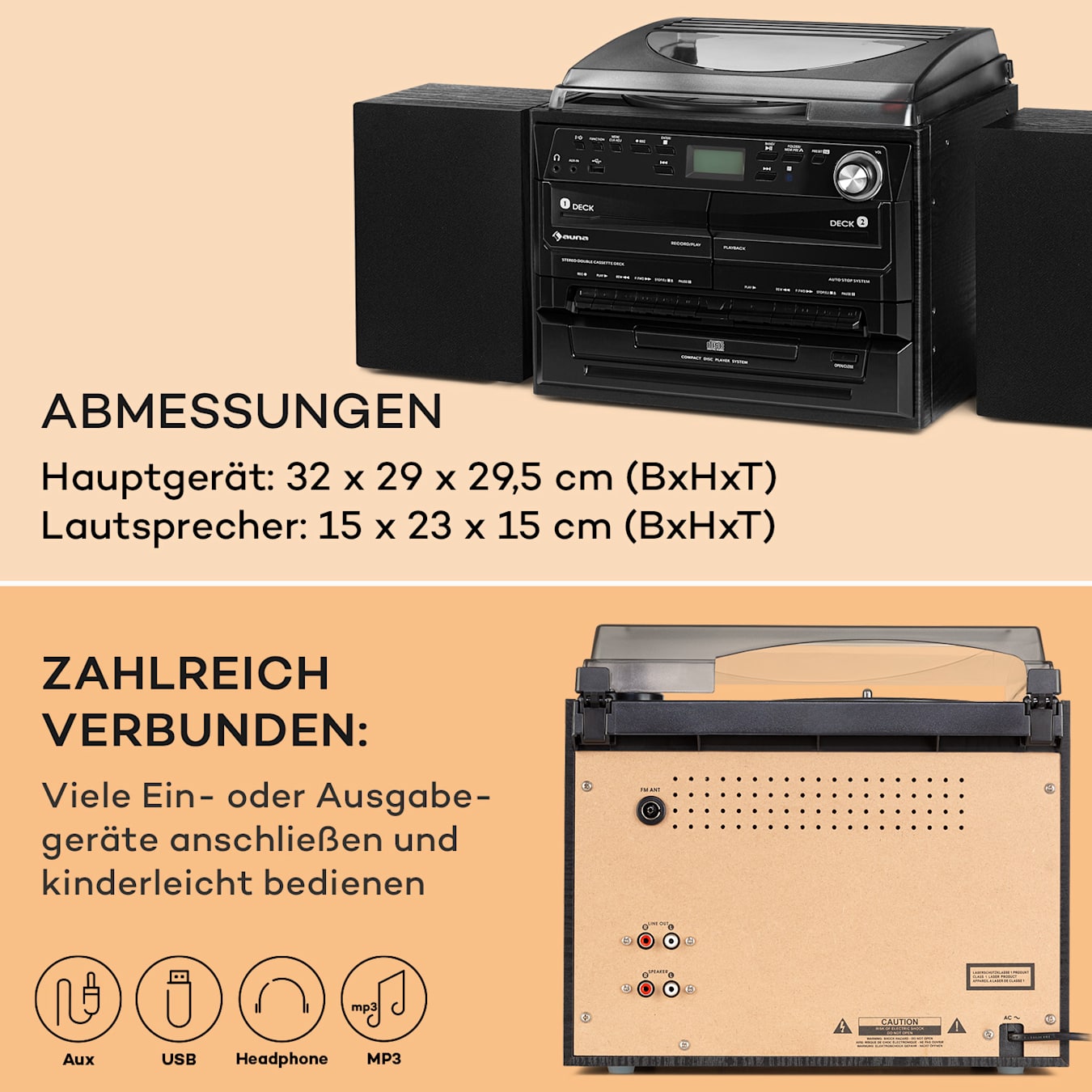 388-DAB+ Stereoanlage, Leistung: 20 Watt max., 2 x Lautsprecher, Bluetooth-Funktion, FM/DAB+ Radiotuner, Plattenspieler, CD-Player mit  MP3-Funktion, 2 x Kassettendeck, USB-Port