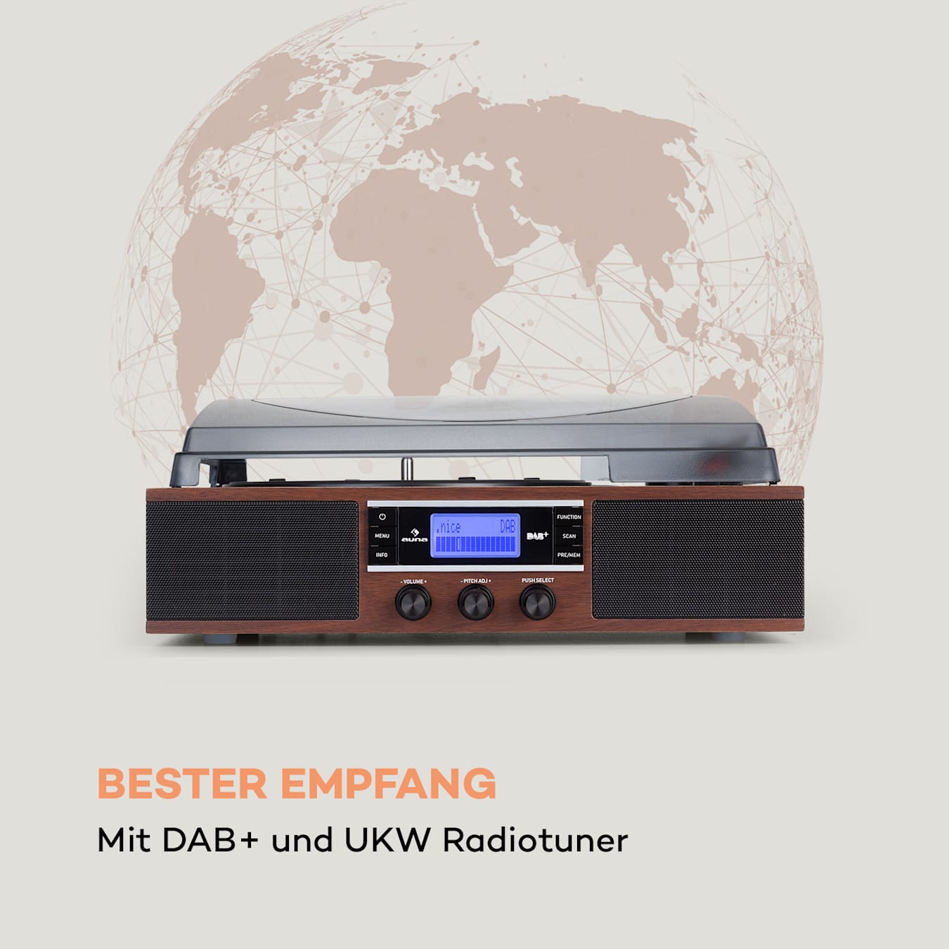 TT-138 DAB Plattenspieler, DAB+/FM Radio, Riemenantrieb mit 33/45 U/min, 2 x integrierter Lautsprecher, Line-Ausgang, Holzoptik