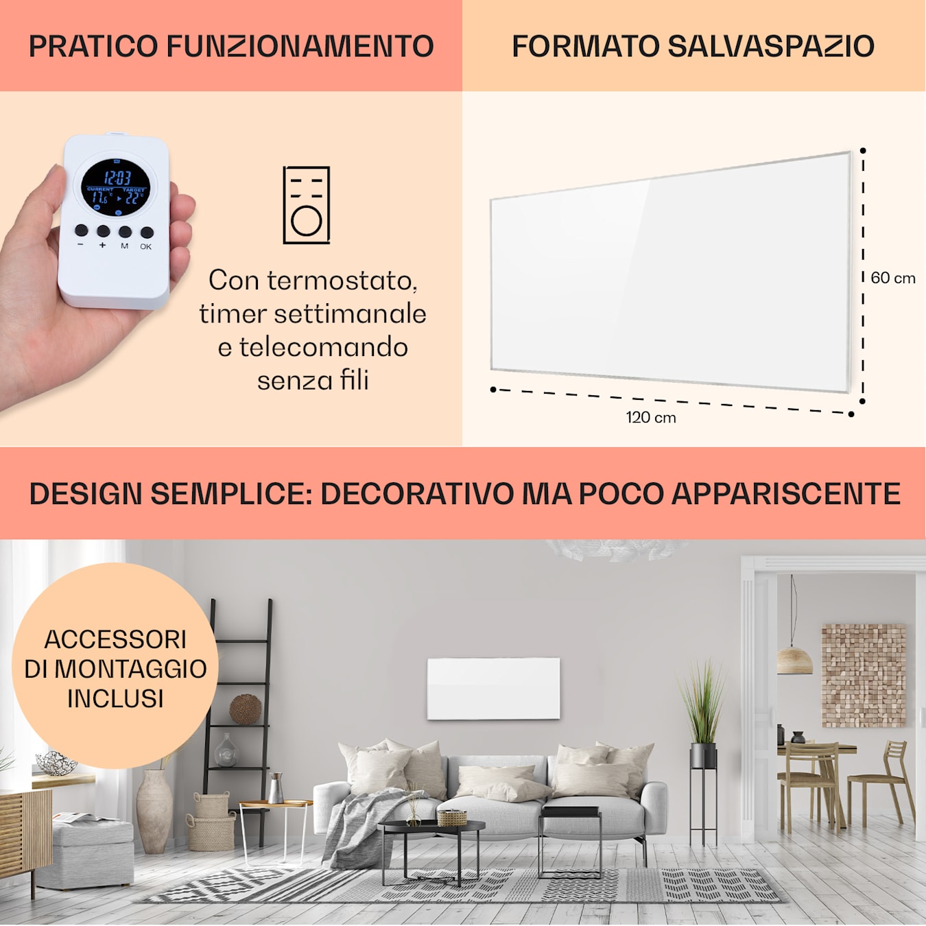 Wonderwall Air 72 - Pannello riscaldante a infrarossi, 120 x 60 cm, 720 W, IR ComfortHeat, Montaggio a parete, OpenWindow Detection, Ideale per  chi soffre di allergie: non solleva polvere