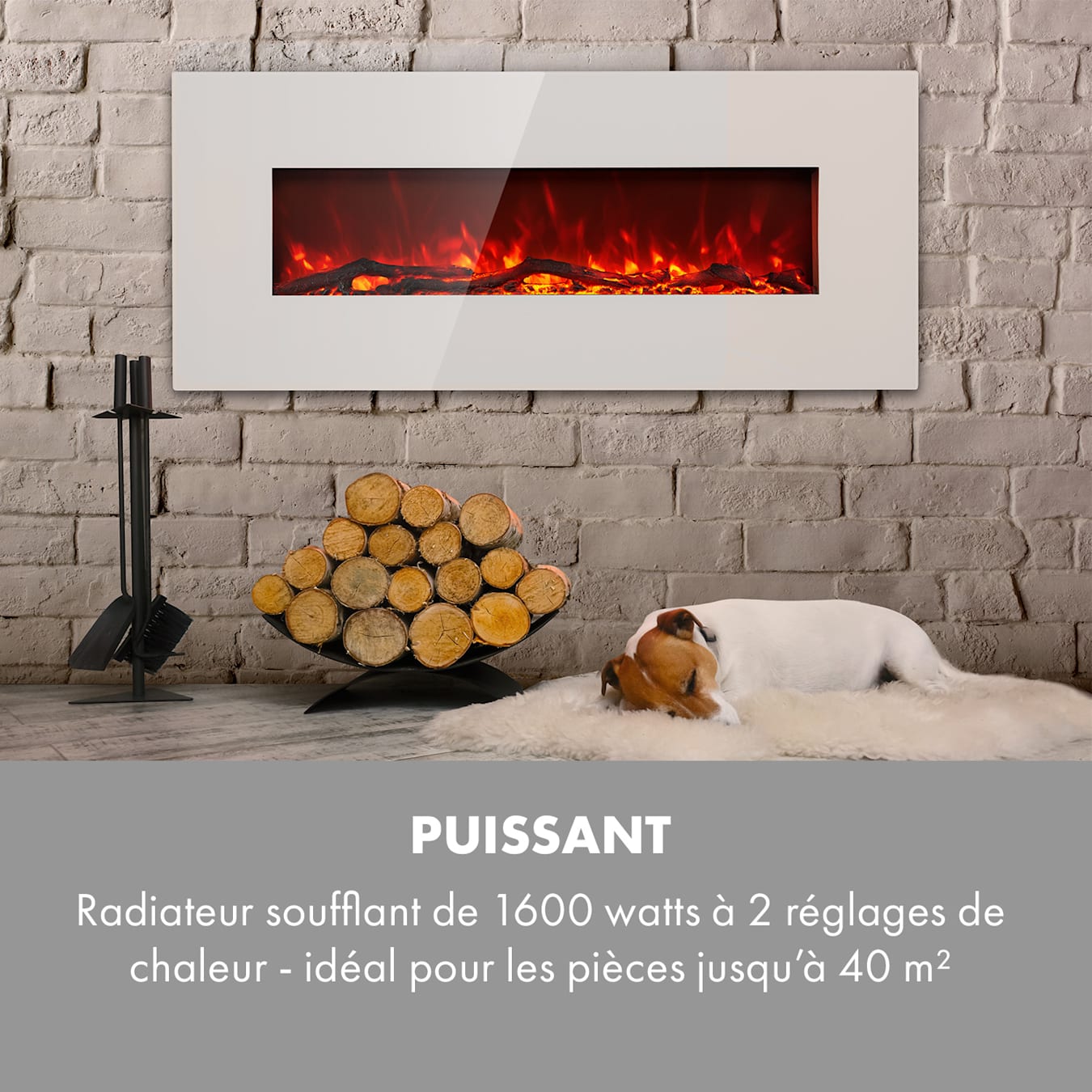 Lausanne Long Cheminée électrique, Puissance : 1600 watts, 2 niveaux de  chauffage, Largeur : 128 cm, Effet de flammes, Fenêtre en verre trempé, Luminosité réglable, Télécommande incluse