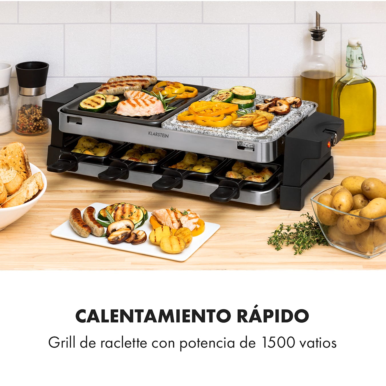 Klarstein Sirloin Raclette 1500W Aluminio/Piedra 8 personas Indicadores  luminosos led