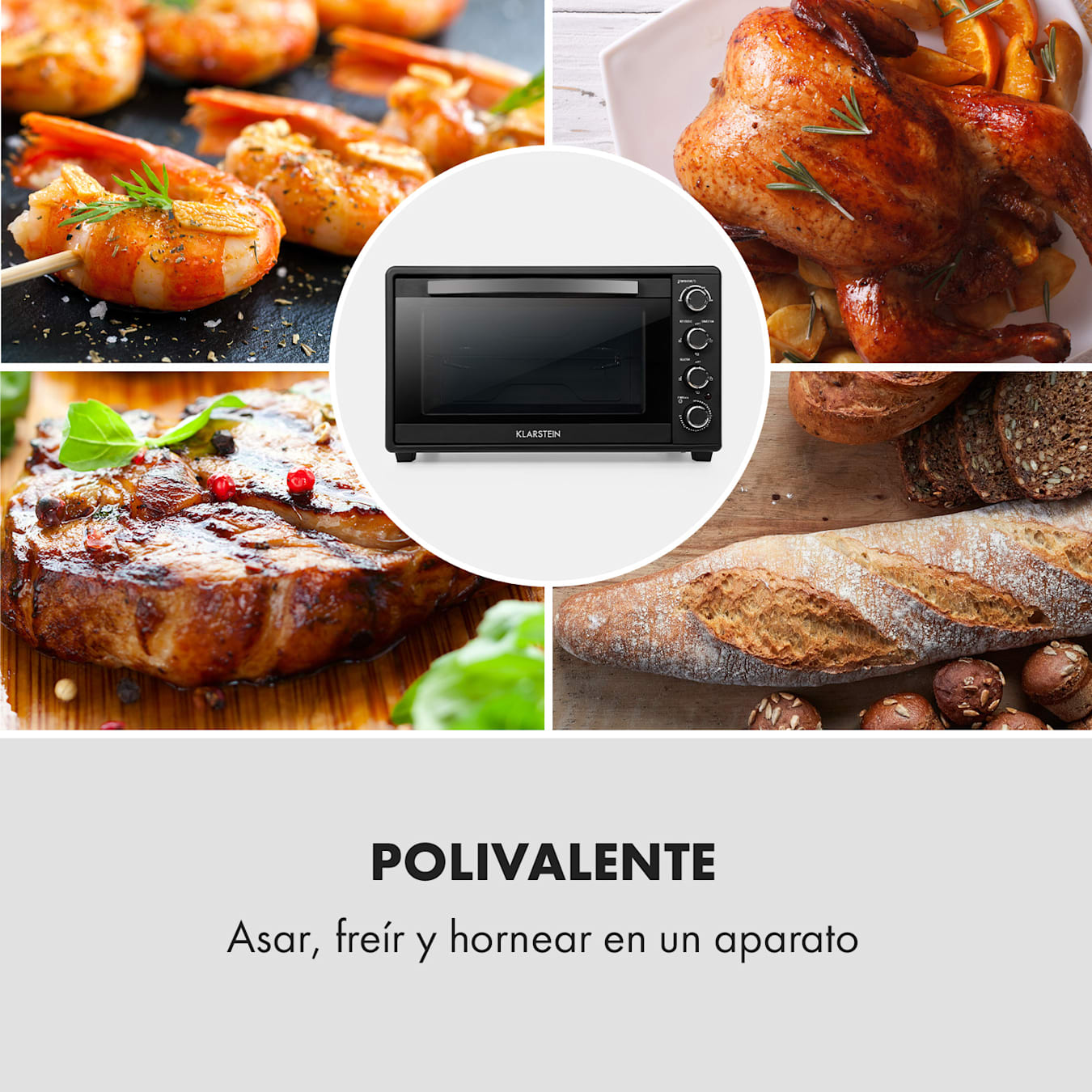 KLARSTEIN Masterchef 60 Mini Horno Electrico de sobremesa 60L, 2000W,  100-230°C, asador giratorio, función de circulación de aire, temporizador,  puerta doble cristal, acero inoxidable, Plata : : Hogar y cocina