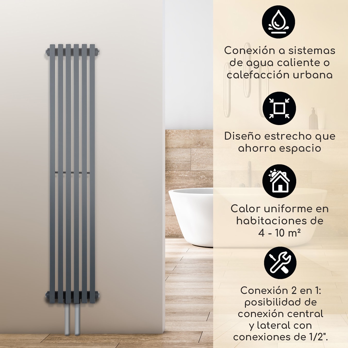 Besoa Delgado 120 x 25 Radiador de agua de 508 W 1/2 4-10m² Gris 120 x 25  cm