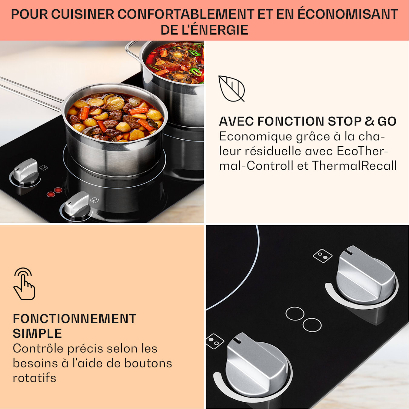 Klarstein EasyCook Domino Plaque de cuisson vitrocéramique 2 feux 3000W  noire