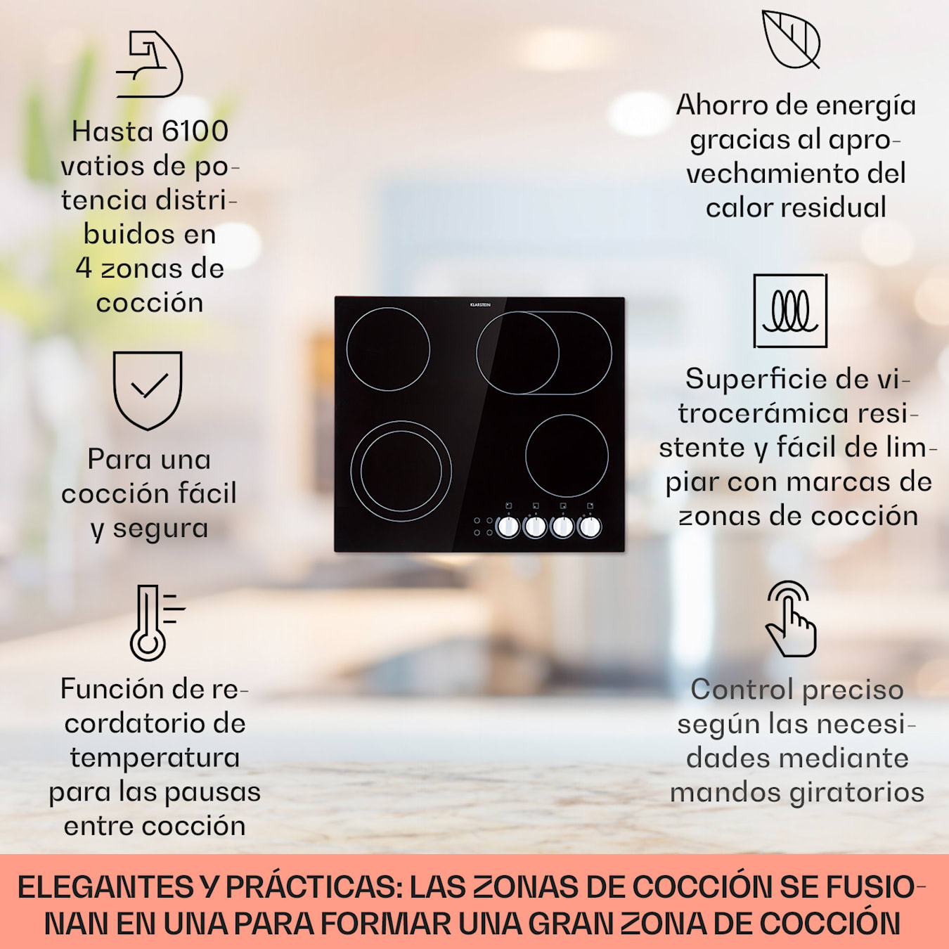 Cooksir Placa Vitrocerámica 4 fuegos, Mando giratorio, Calefacción por  infrarrojos, Seguro para niños, Desconexión automática, Placa de acero  inoxidable, Sin enchufe : : Grandes electrodomésticos