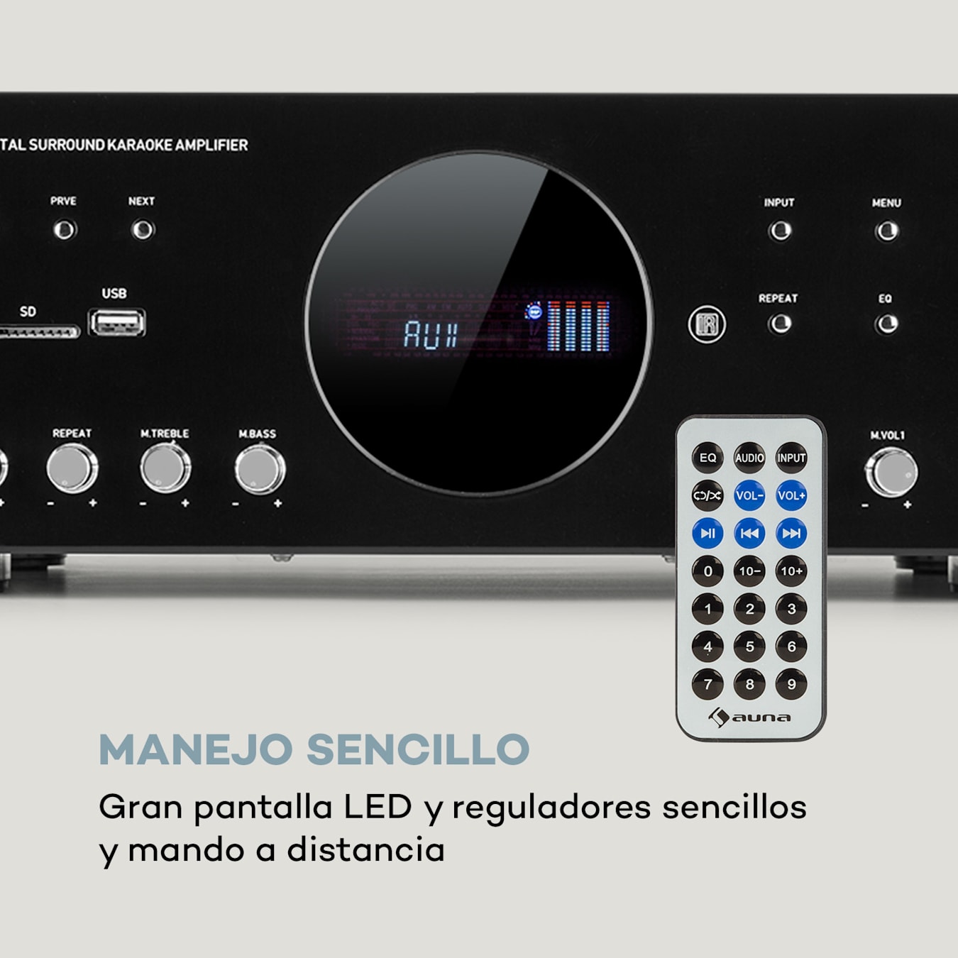 Amplificador surround AMP-218 BT Digital 5.1, Potencia de salida: 2 x 120  vatios + 3 x 50 vatios RMS, Amplificador Bluetooth, Sintonizador FM y  conexión de antena, USB / SD, Entrada AUX-In