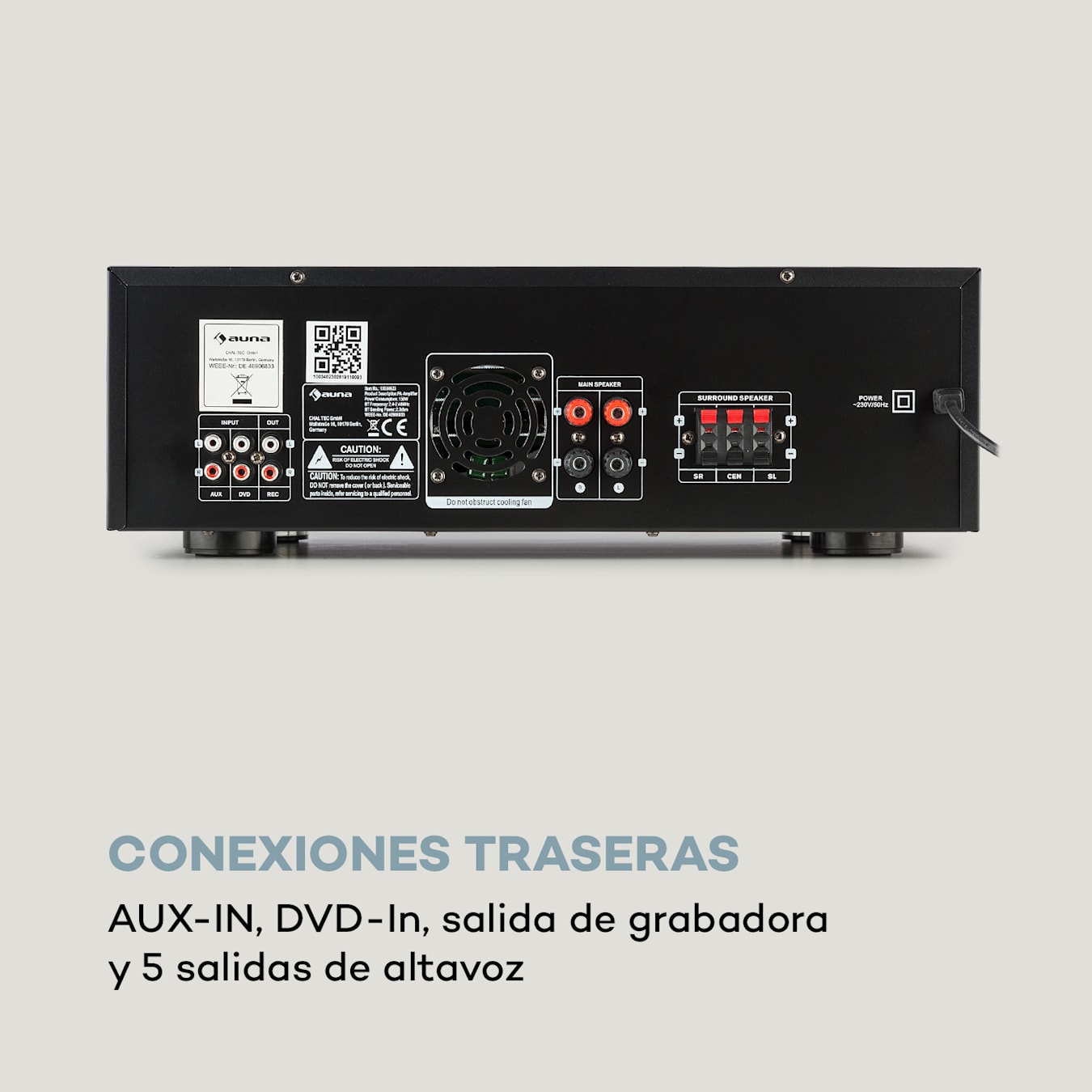 auna AMP 5100 BT 5.1 - Amplificador, 2 x 120 W + 3 x 50 W RMS, Bluetooth,  Puerto USB, Ranura SD, 2 Conectores de micrófono, Entrada AUX, 2 vúmetros,  Plateado : : Electrónica