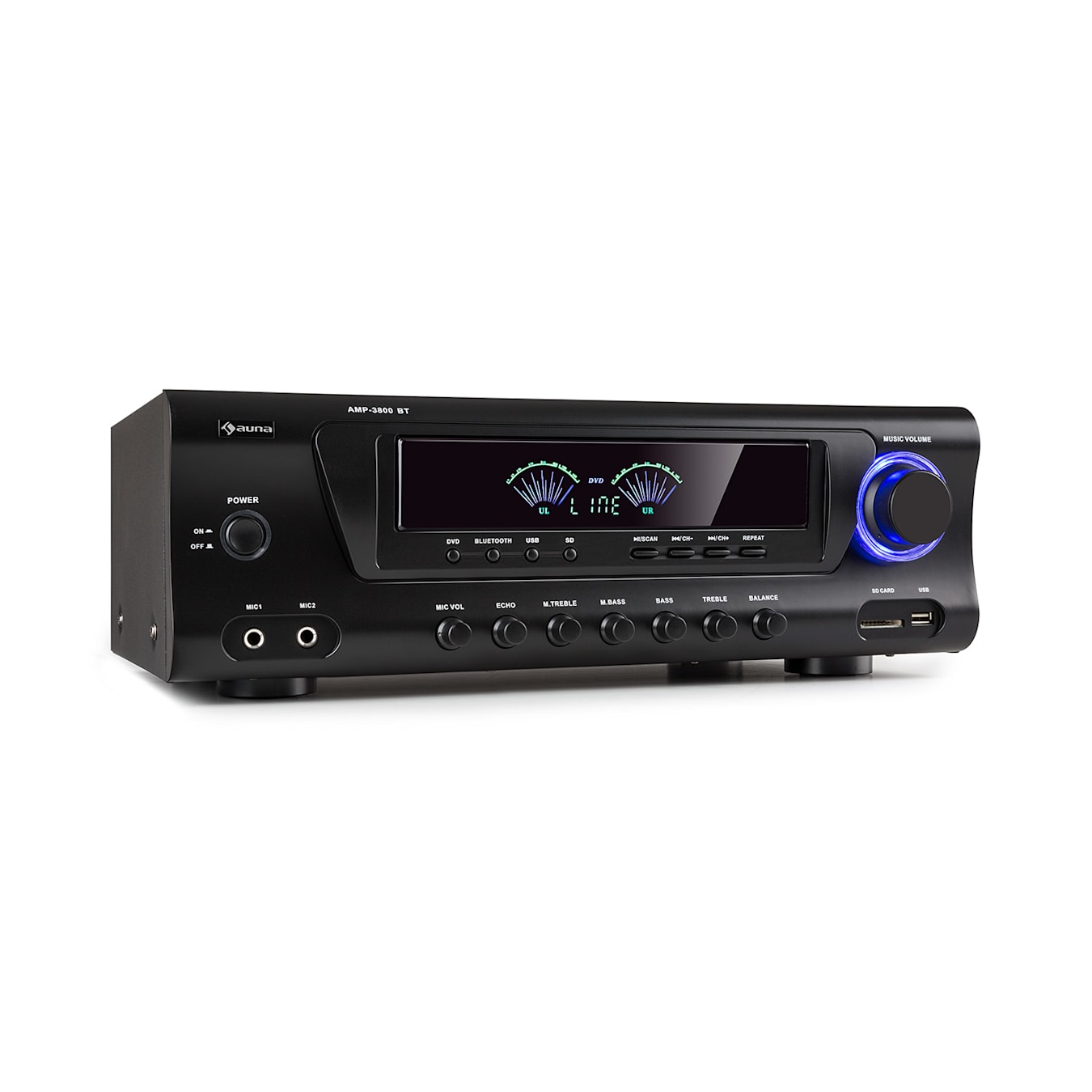 AMP 3800 BT 5.0 Amplificateur HiFi, 2 x 120 watts + 3 x 50 watts RMS, Fonction Bluetooth, Port USB, Emplacement SD, 2 connexions pour  microphone, Entrée stéréo DVD, Sortie lignestéréo