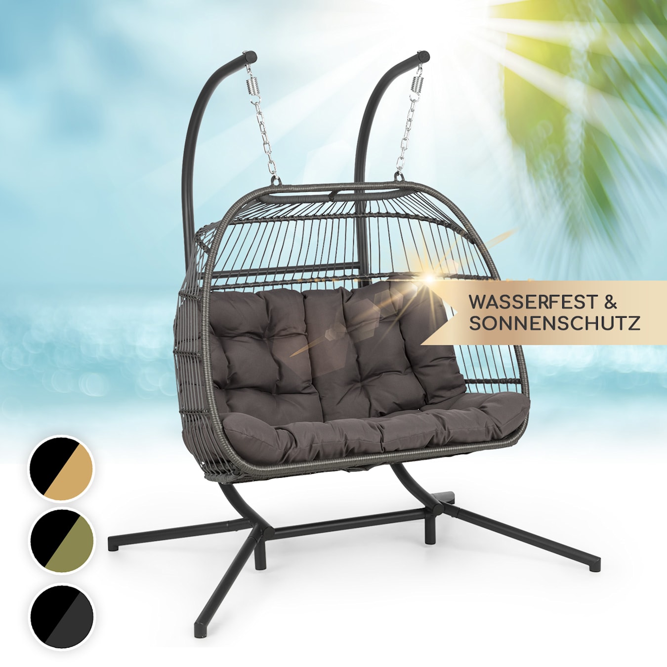 Biarritz Double Hängesessel, Zweisitzer, entspannende Schwingbewegung, Outdoor & Indoor, weiches Sitzkissen aus Polyester, Sitzkugel aus  Polyrattan und Nylon, stabiler Standfuß aus Aluminium, m Zweisitzer