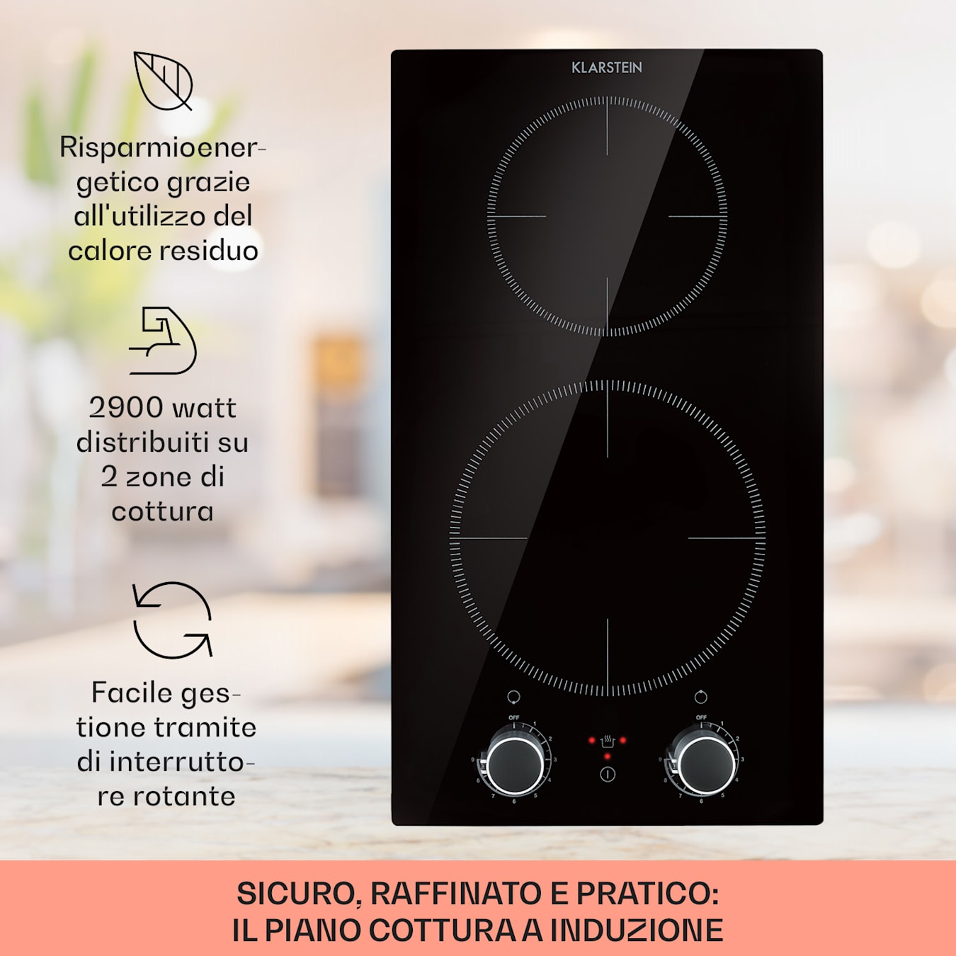 Klarstein Kochheld Piano Cottura a Induzione Doppio 2900W Manopola Vetro  nero