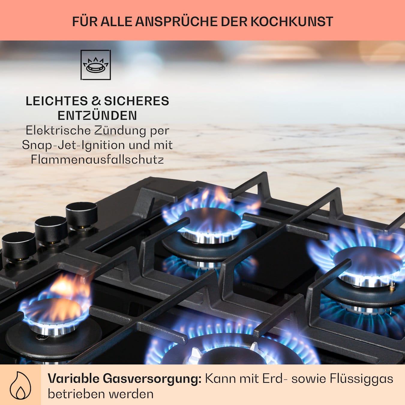 Klarstein Alchemist 4 zone piano cottura a gas bruciatori d'alluminio  vetroceramica nero