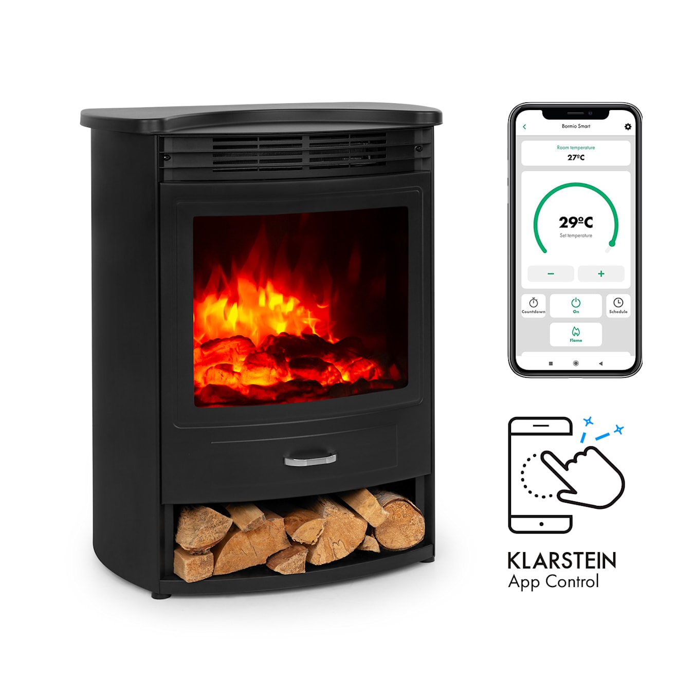 Bormio S Smart elektrische haard | 2 warmtestanden: 950/ 1900 W | | weektimer | OpenWindow Detection app control | led vuureffect met houtblokken van hars | aanvullend te ve