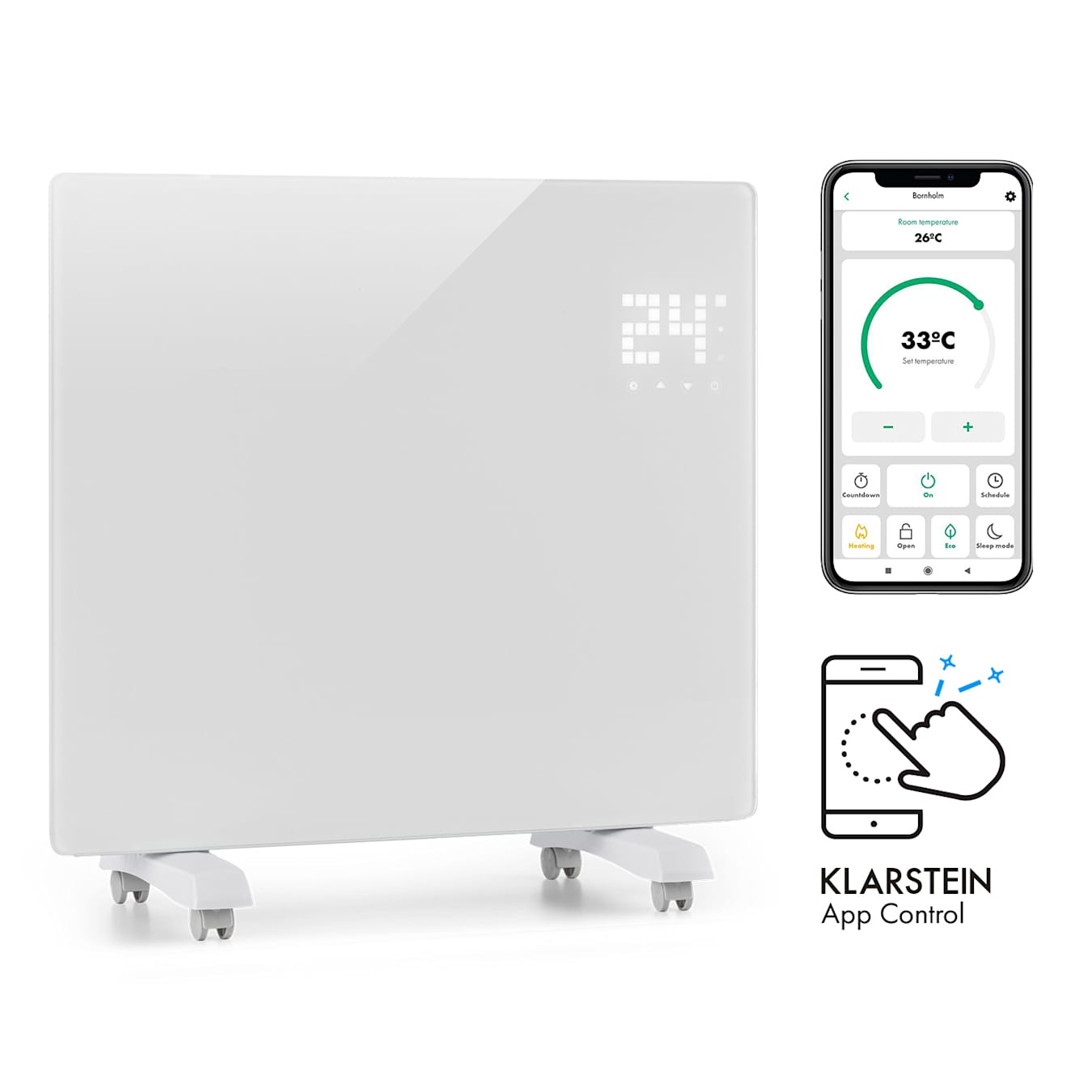 Bornholm Single Smart - Stufa a convezione, Display LED, Display touch, Timer, Controllo tramite app, 2 livelli riscaldanti da 500 e 1000 watt, Termostato: 5-45°C, Modalità Eco