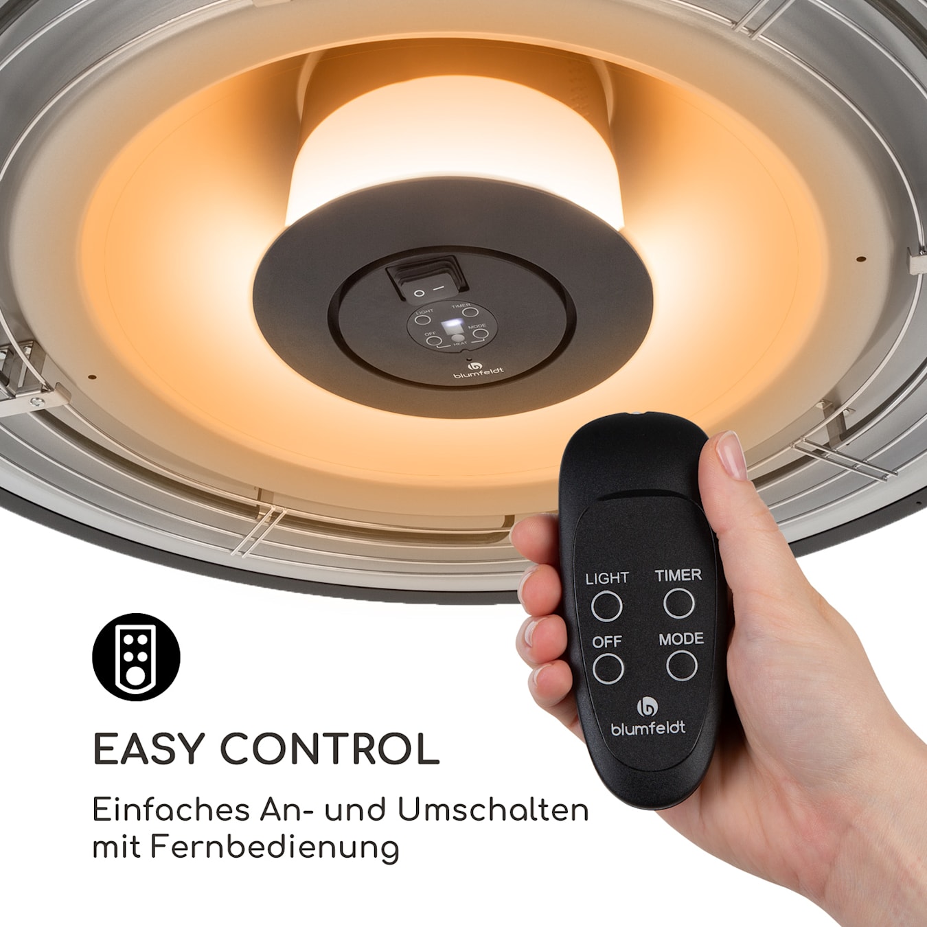 Heat Meister Terrassenheizstrahler Gartenheizstrahler, IR ComfortHeat, Leistung: 2400 Watt, 3 Heizstufen, LED-Beleuchtung, Schutzart: IP24, Bedienfeld, Fernbedienung, Timer: 0-9 h