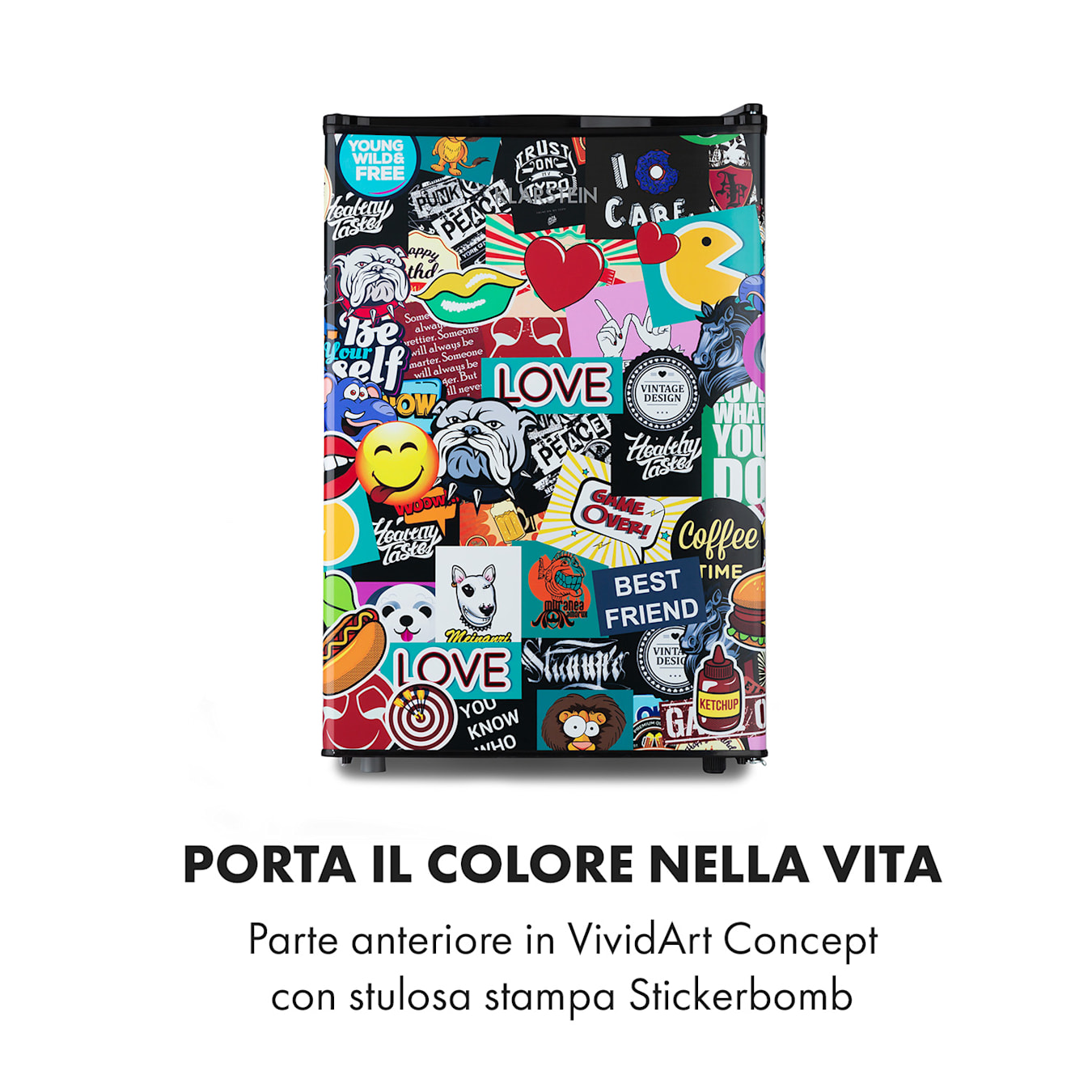 Frigorifero Cool Vibe 70+, Volume: 72 litri, 3 livelli, 2 ripiani in  vetro, Classe di efficienza energetica F, VividArt Concept: porta con  stampa a fumetti StickerBomb, Congelatore, Forma per c 70 Ltr