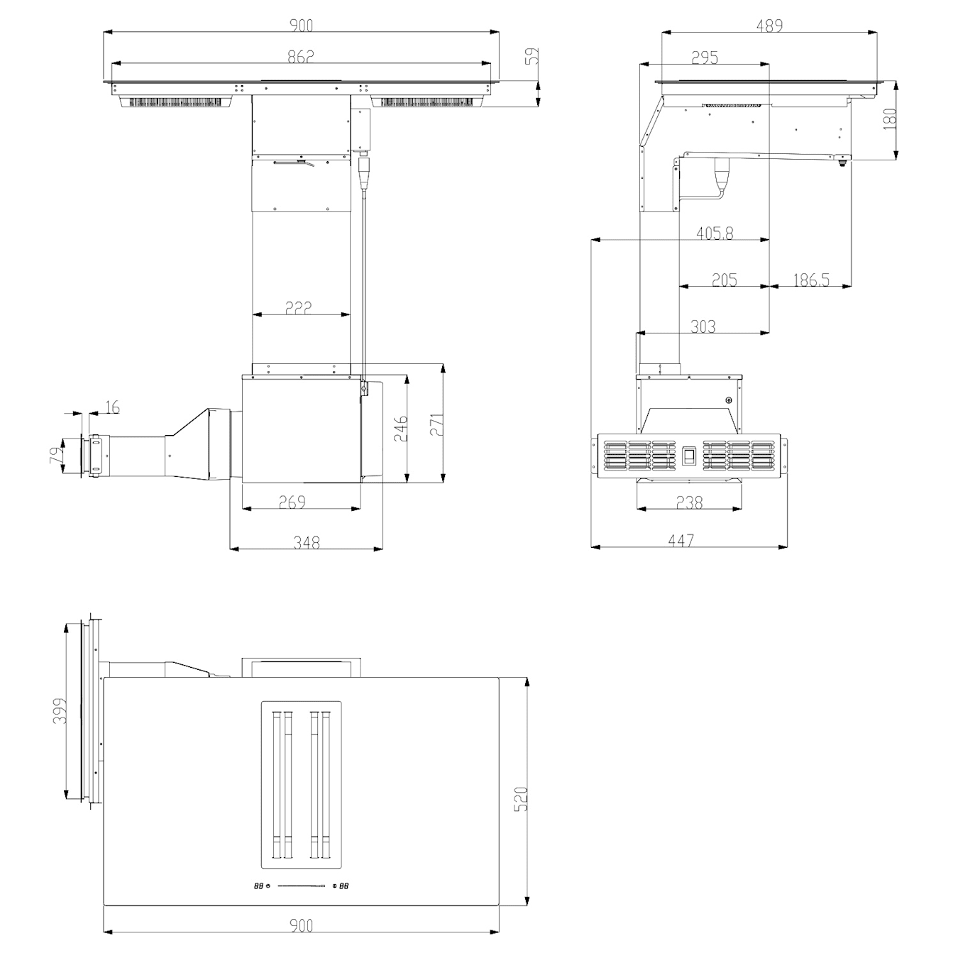 Full House DownAir - Piano cottura a induzione con cappa integrata, Cappa  aspirante, Cappa da tavolo, Da incasso, Autonomo, 88 cm, 4 zone, Zone  Flex con booster, 7120 W, 477 m³/h di capacità 88 cm