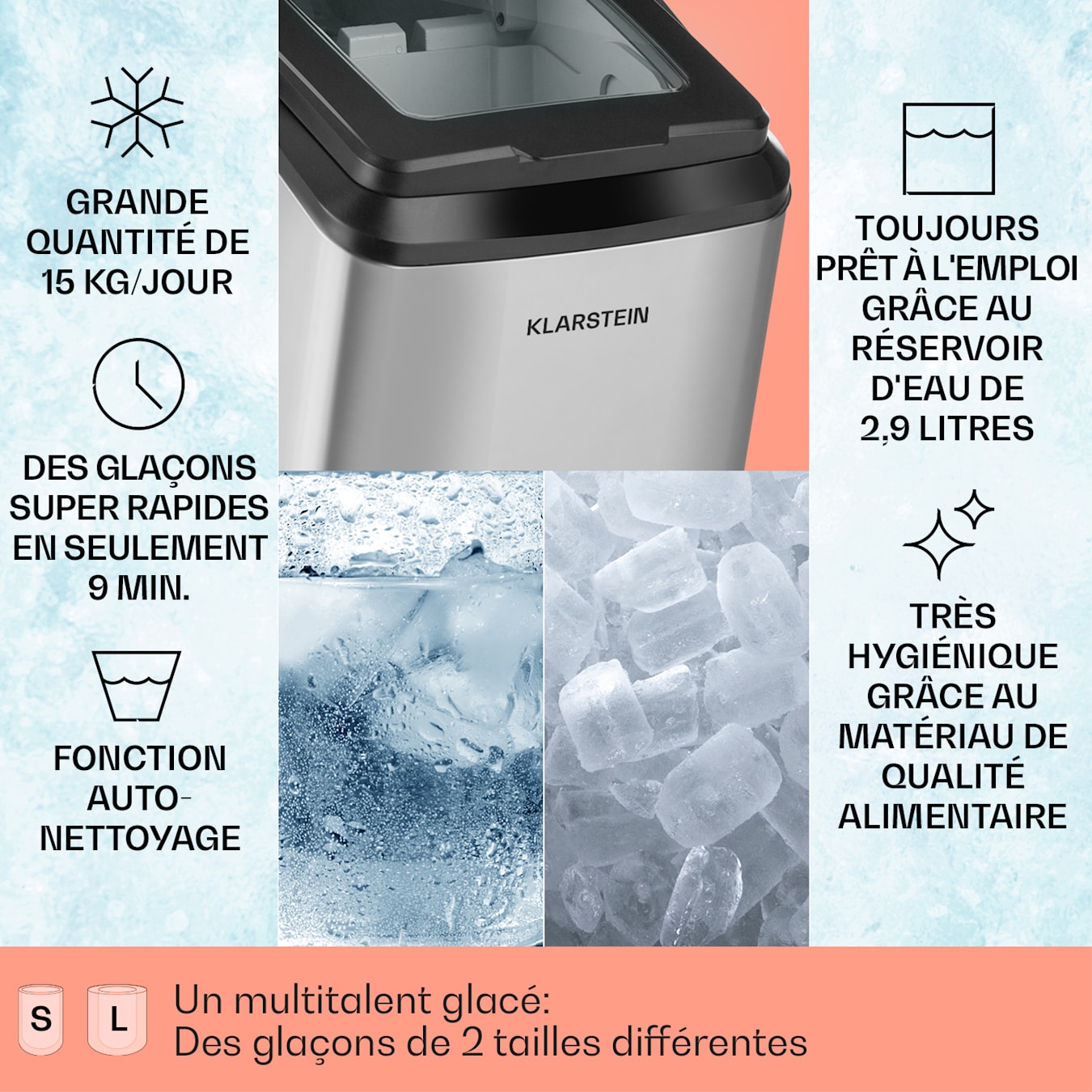 Klarstein Machine a Glacons pour la Maison, Capacité de 3,3L, Fabrique  Rapidement Jusqu'à 15kg de Glacons en 2 Tailles Différentes, Machine à  Glaçons