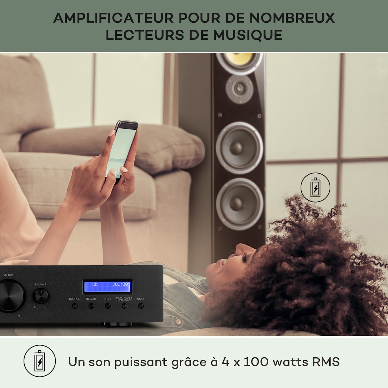 AMP-CD608 DAB amplificateur HiFi stéréo 4x100W RMS DAB+ BT entrée Optique  télécommande Argent