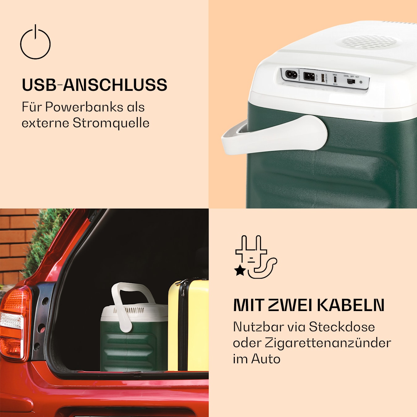 BeerBelly 21 Elektrische Kühlbox, 21L, 3 Anschlüsse: 230V, 12V  Anschlussleitung für Zigarettenanzünder & USB-Anschluss, Tragbar, mit  Kühl- und Warmhaltefunktion