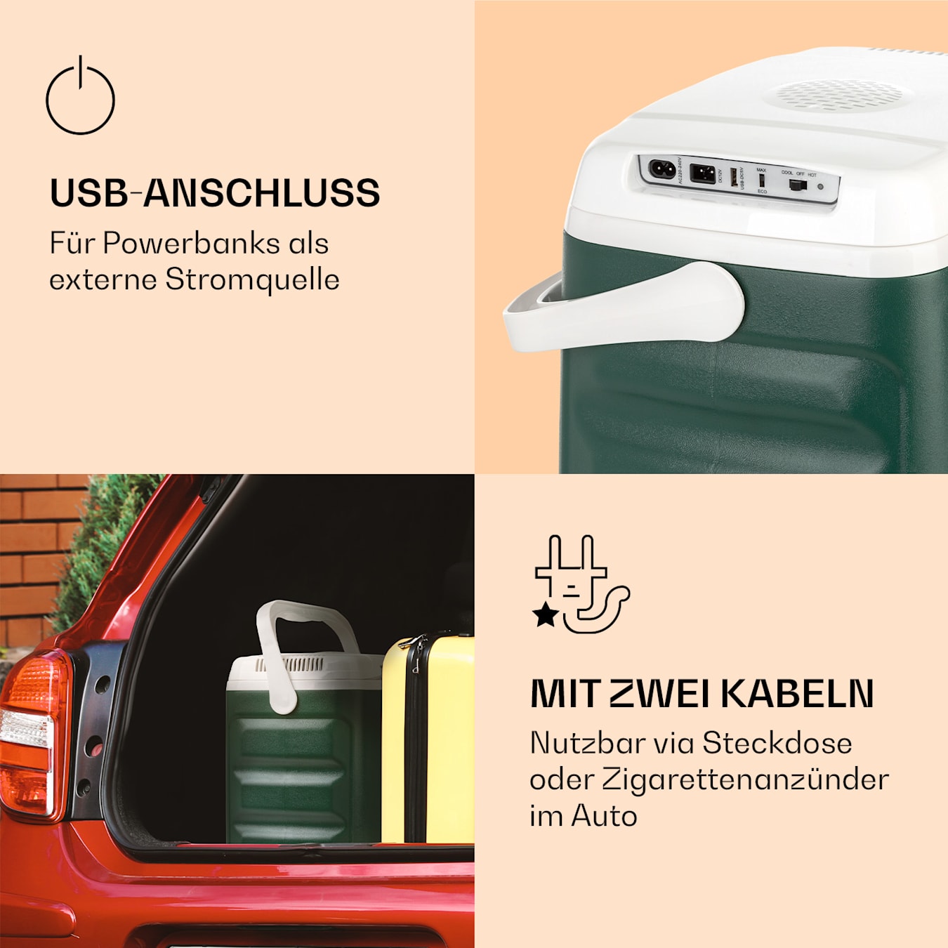 BeerBelly 29 Elektrische Kühlbox, 29L, 3 Anschlüsse: 230V, 12V  Anschlussleitung für Zigarettenanzünder & USB-Anschluss, Tragbar, mit  Kühl- und Warmhaltefunktion