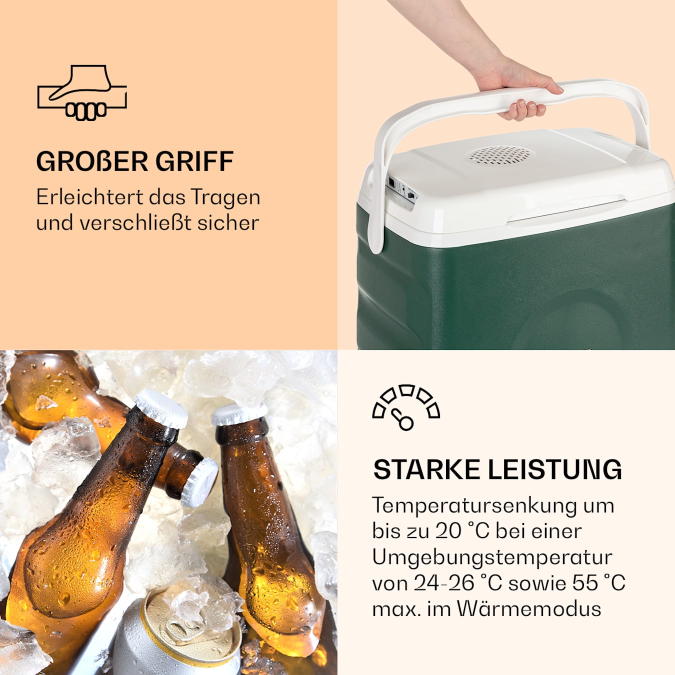 BeerBelly 29 Elektrische Kühlbox, 29L, 3 Anschlüsse: 230V, 12V  Anschlussleitung für Zigarettenanzünder & USB-Anschluss, Tragbar, mit  Kühl- und Warmhaltefunktion