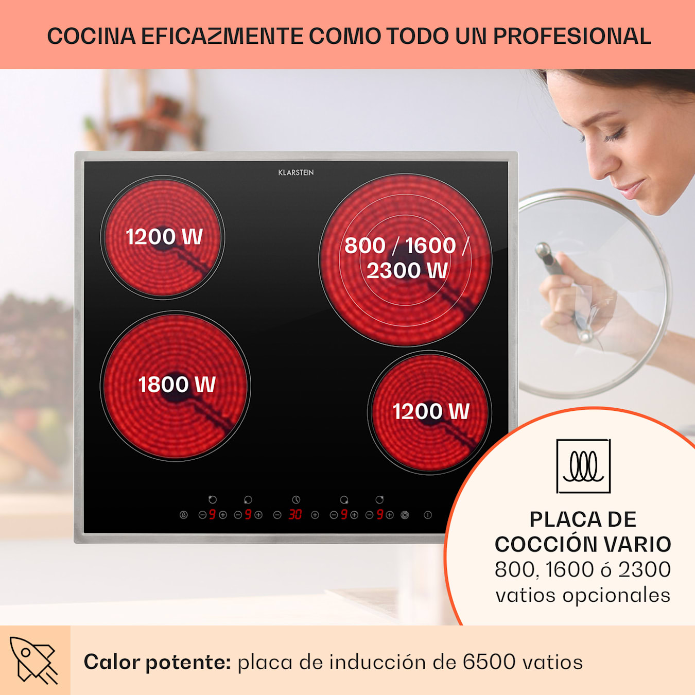 Klarstein Placa Vitroceramica, Placa Vitrocerámica Electrica 6500W