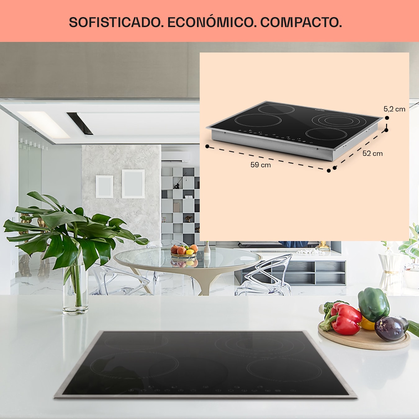 Placa vitrocerámica Virtuosa 3 Slim, 45 cm, 3 zonas de cocción, 1 zona  doble, autárquica, 5000 W, Táctil, 9 niveles de potencia, Temporizador, Stop&Go, Placa vitrocerámica, Placa eléctrica