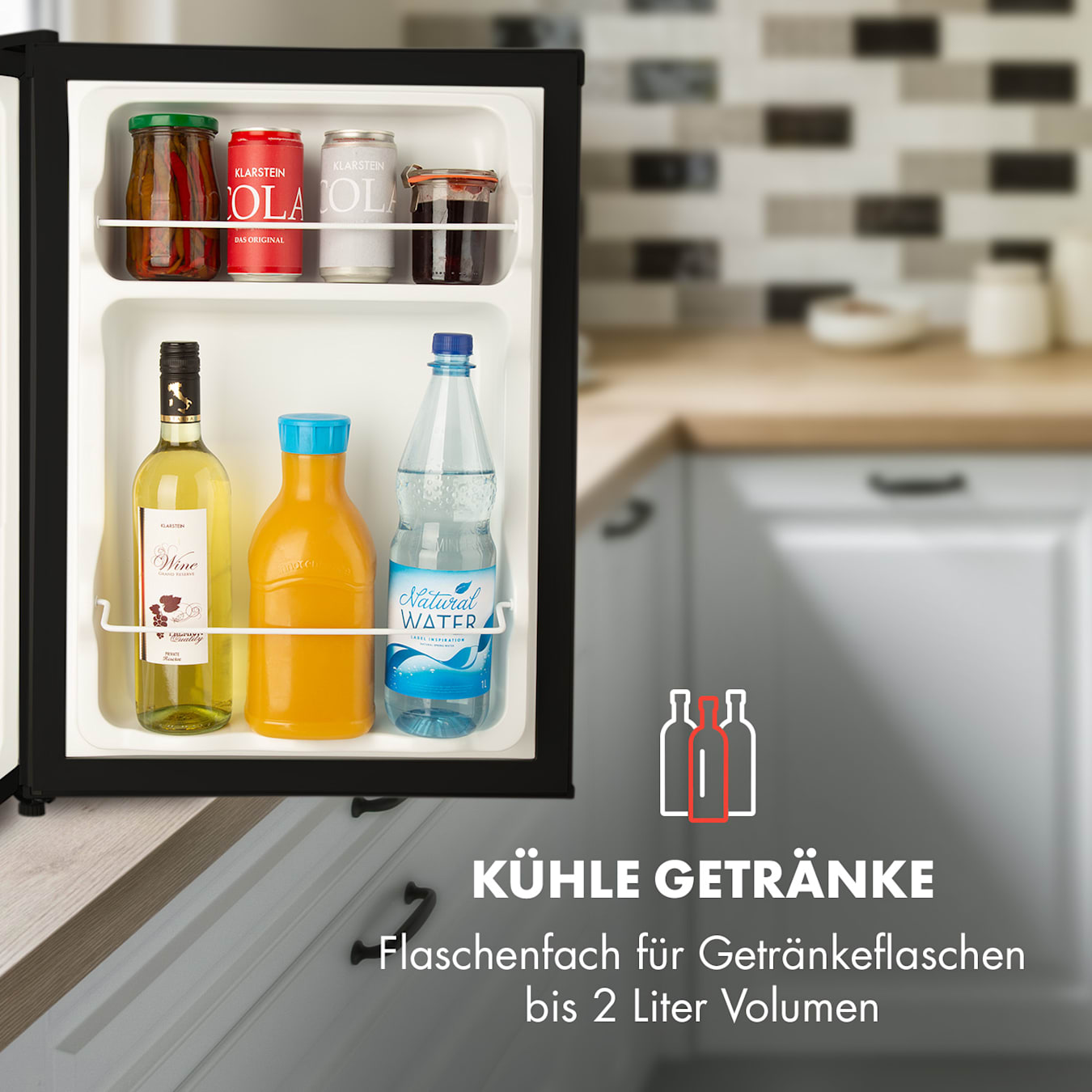 Cool Kid Kühlschrank, Mini-Kühlschrank im CompactCooling Design, Fassungsvermögen: 65 Liter, Energieeffizienzklasse F, 2 Ebenen, Kältefach: 4 Liter, Flaschenfach bis 2 Liter