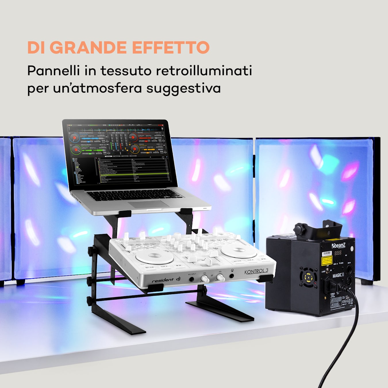 Facade 4S DJ Booth - Schermo protettivo per console da DJ | Schermo da  tavolo per la privacy | 4 pannelli | Teli in lycra | Telaio in acciaio nero  | Teli in tessuto bianco retroilluminabili, rimovibil