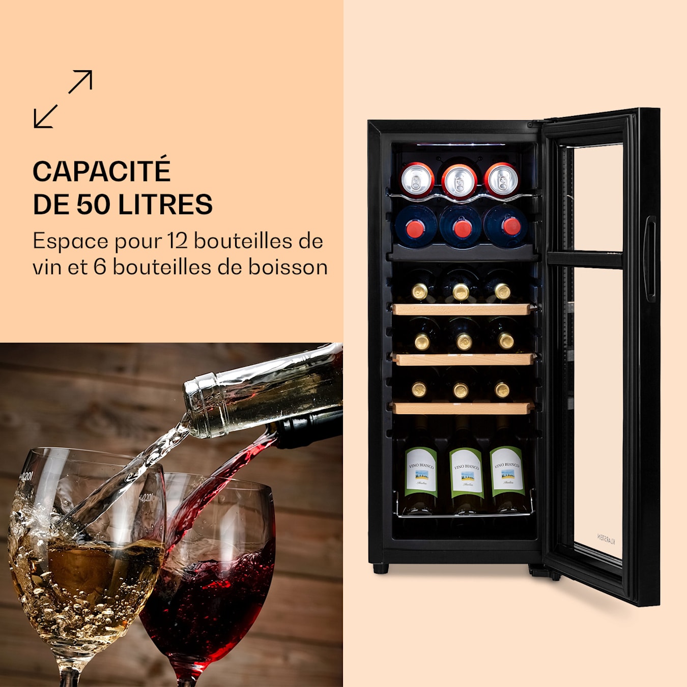 Bovella 18 Duo+ cave à vin réfrigérateur à boissons, 50 litres, 18  bouteilles, porte vitrée, 2 zones de refroidissement : 5 - 18 °C chacune, 3 étagères en bois / 1 étagère en métal