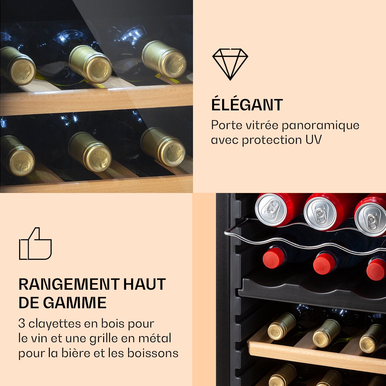 Bovella 18 Duo+ cave à vin réfrigérateur à boissons, 50 litres, 18  bouteilles, porte vitrée, 2 zones de refroidissement : 5 - 18 °C chacune, 3 étagères en bois / 1 étagère en métal