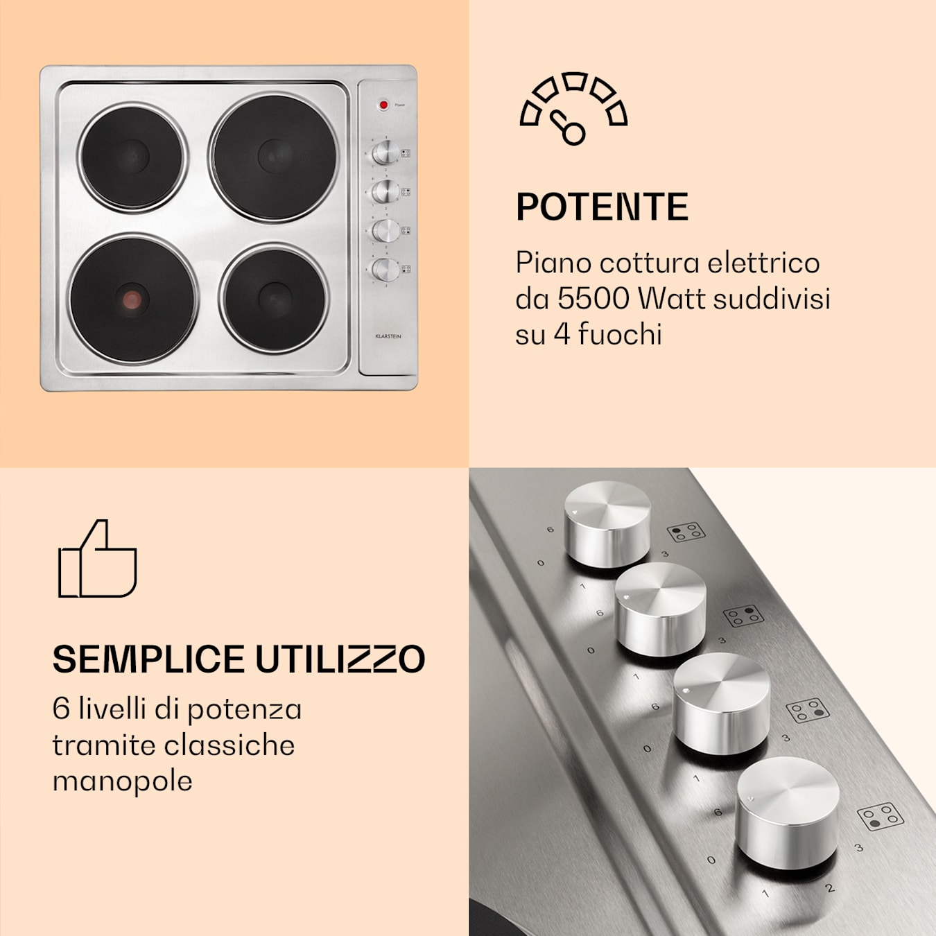 Appetito 4, piano cottura elettrico, 4 piastre, 6 livelli di potenza,  acciaio inox, 5500 Watt Argento