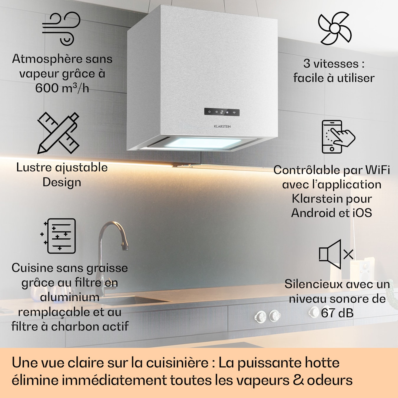 Kronleuchter Smart Hotte aspirante îlot 595m³ / h Panneau LED contrôle par  application Argent