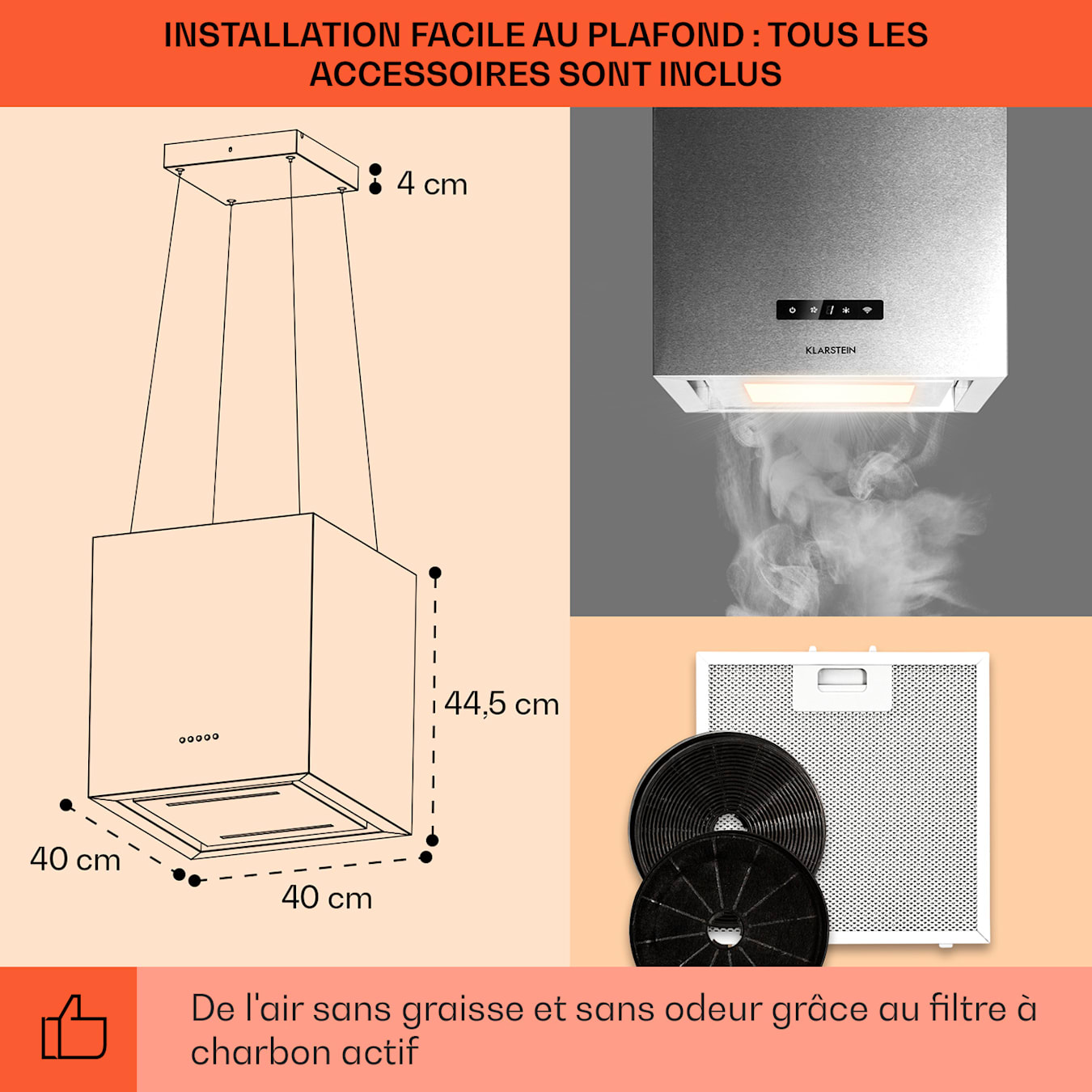 KLARSTEIN Kronleuchter Hotte aspirante îlot - Hotte sans évacuation, Air  pulsé en 3 niveaux, Panneau de commande tactile, Eclairage LED, 45 cm -  Blanc