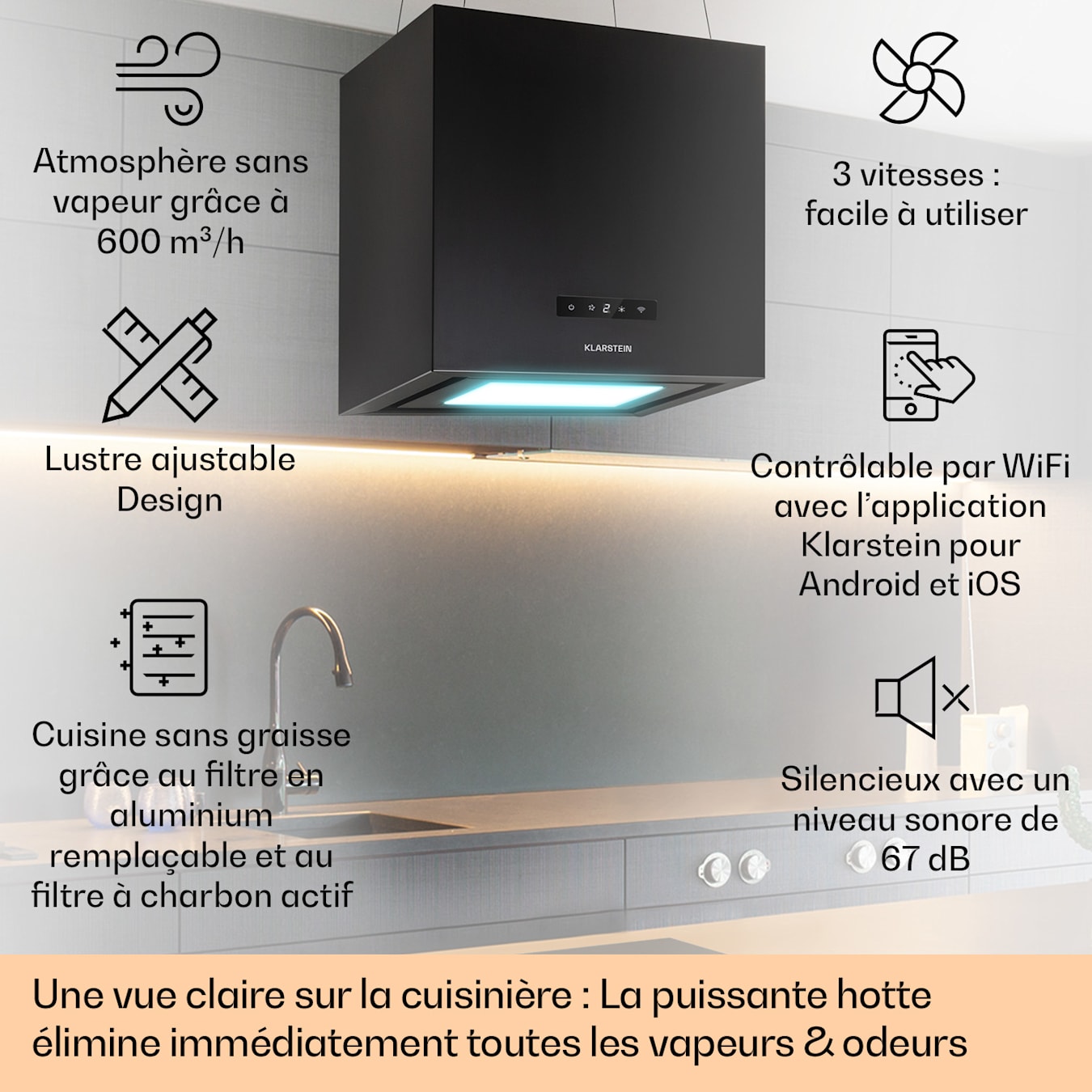 Kronleuchter Smart Hotte aspirante îlot 595m³ / h Panneau LED contrôle par  application Noir