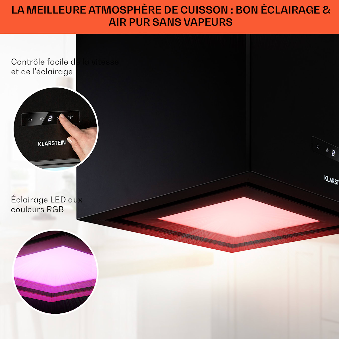 Klarstein Kronleuchter L Hotte îlot aspirante 60cm 590 m³/h LED classe A -  noir Noir