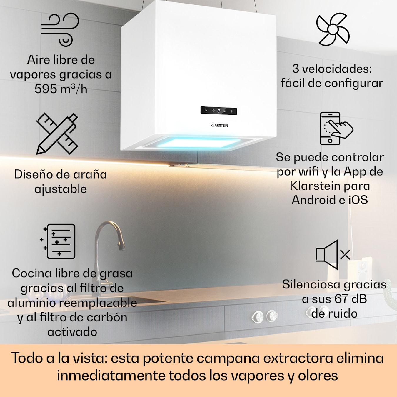 Klarstein Campana Extractora Isla para Cocina, Extractor Cocina