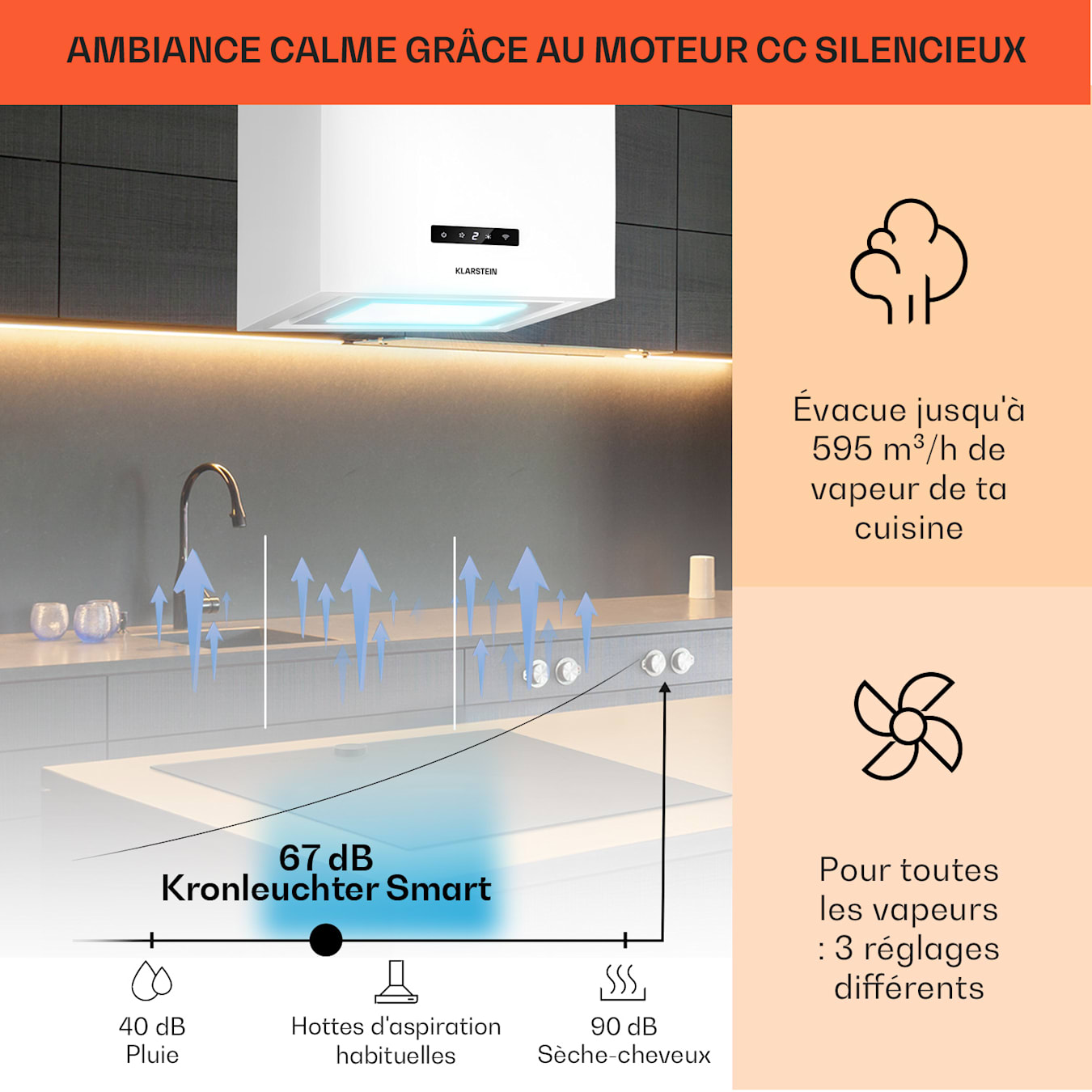 Klarstein Hotte Aspirante Ilot Central de Cuisine Silencieuse et Design,  Débit d'air 595m³/h, Minuteur, 3 Modes, Contrôle via Application Mobile