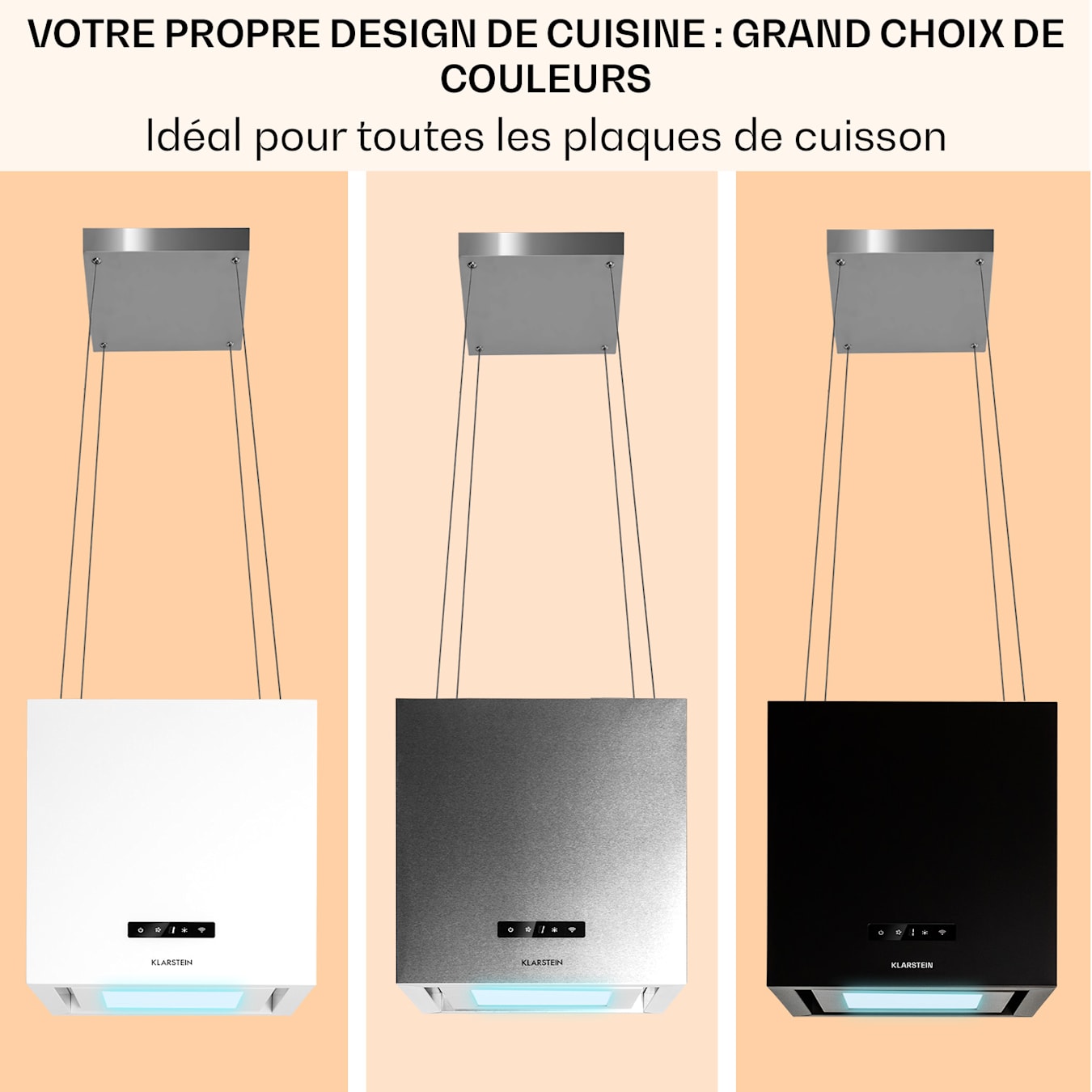 Klarstein Hotte Aspirante Ilot Central de Cuisine Silencieuse et Design,  Débit d'air 595m³/h, Minuteur, 3 Modes, Contrôle via Application Mobile