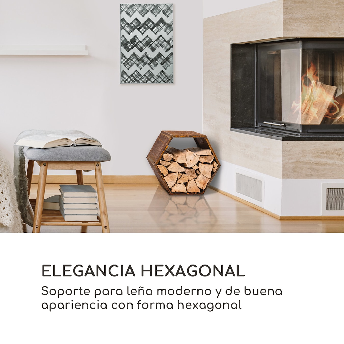 Leñero Firebowl Hexawood Rust con forma hexagonal 50,2x58x32cm Óxido