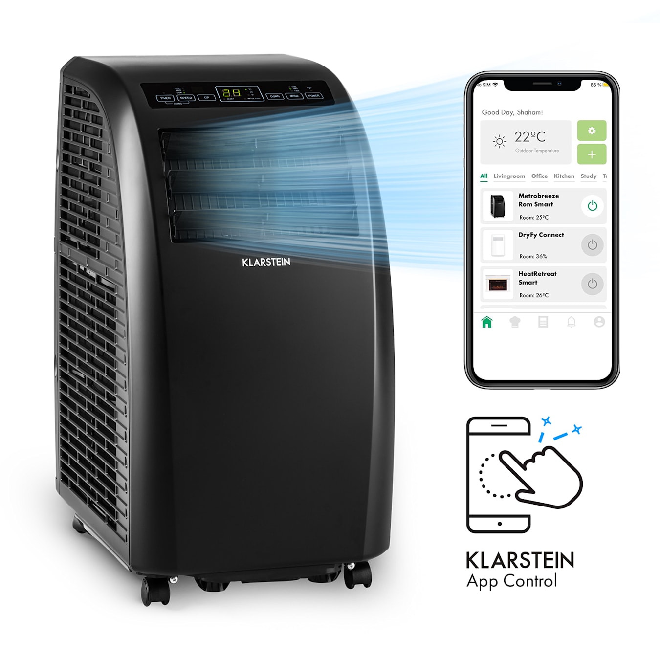 Metrobreeze Rom Smart mobile Klimaanlage, 3-in-1: Klimaanlage/Luftentfeuchter/Ventilator, 10.000 BTU / 3,0 kW, WiFi: App-Steuerung, EEC A+, Timer-Funktion, Fernbedienung