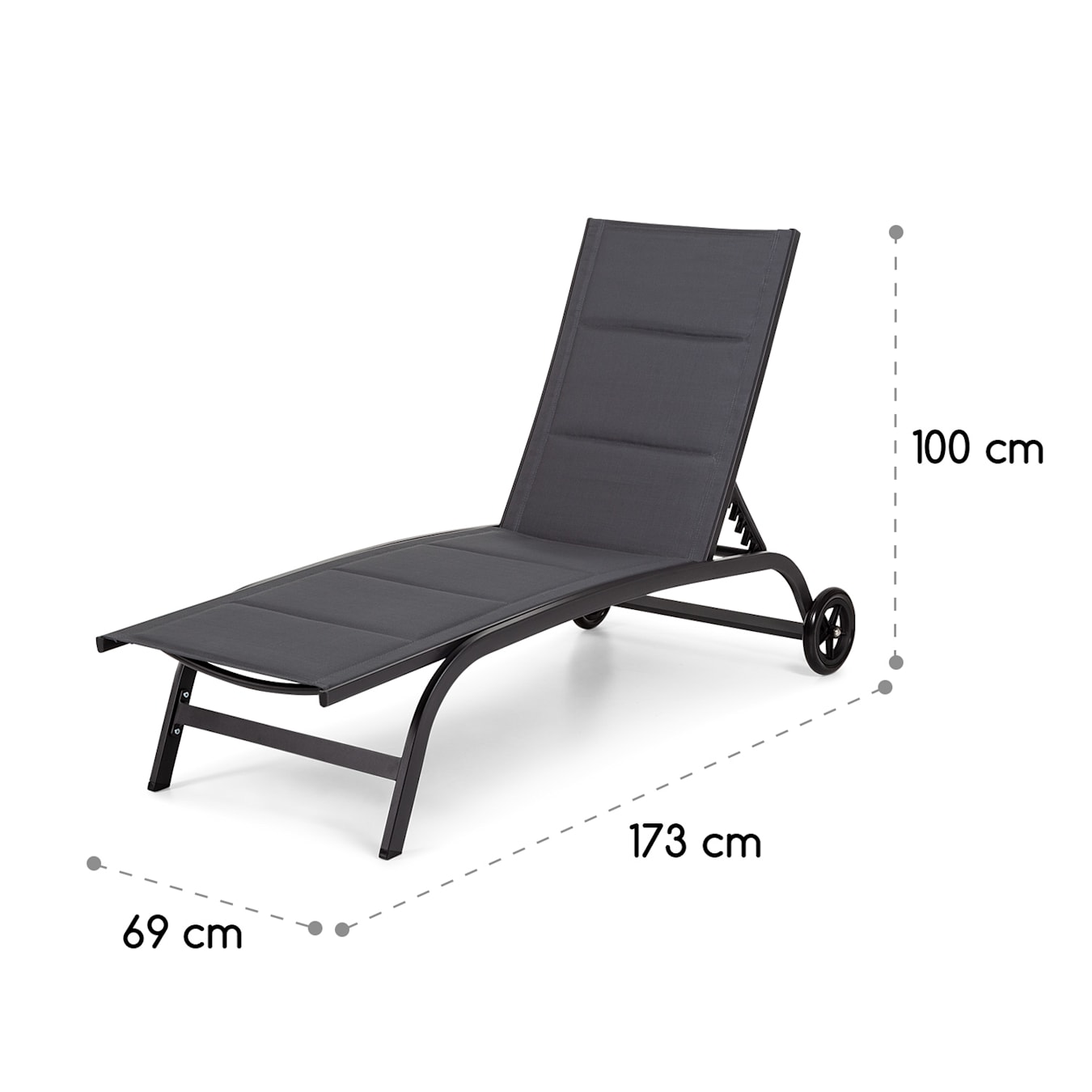 Limala ligbed ligstoel lounge chair | frame van staal aluminium | bekleding: 2x1 textileen | max. belasting: 150 kg | in 6 standen verstelbare rugleuning | 2 wielen | sneldrogend | poederco Zwart