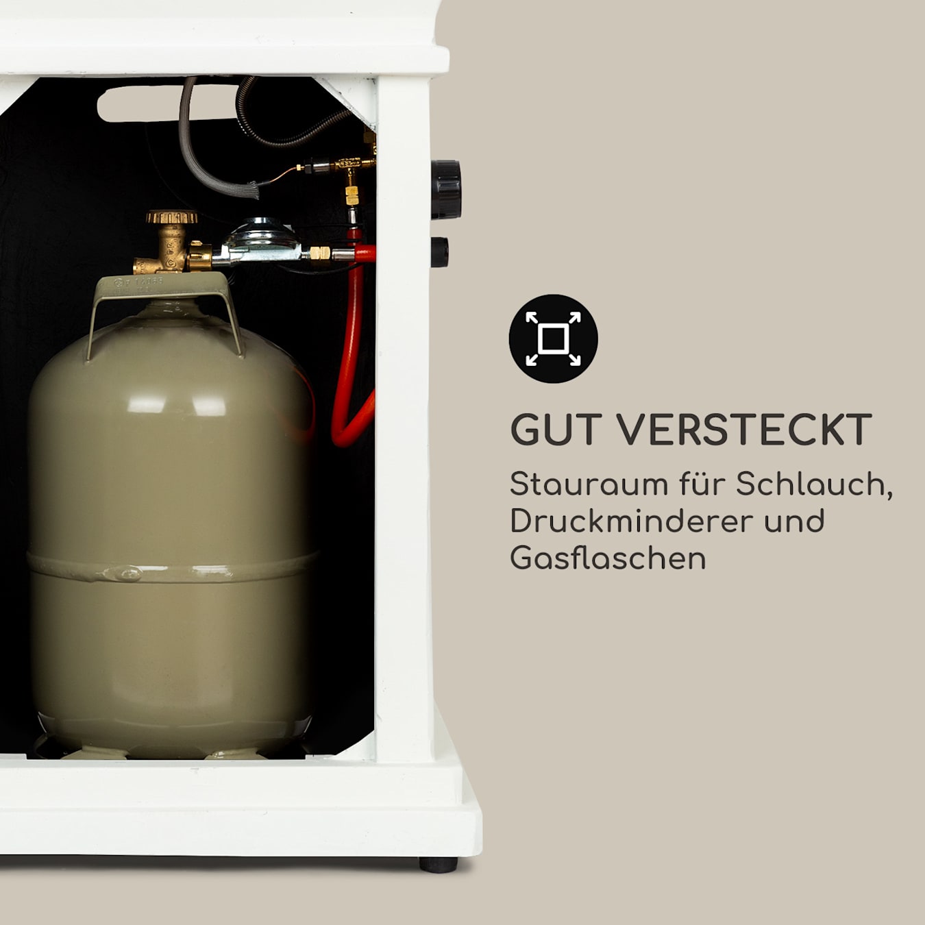 Prati Gas-Feuerstelle Gasheizstrahler Freiluftheizung | 13 kW Heizleistung  | Gasflaschen bis 5 kg | Gas: Butan oder Propan | elektrisches Zündsystem |  inkl. Schlauch & Druckminderer | Lavasteindekorat Weiß